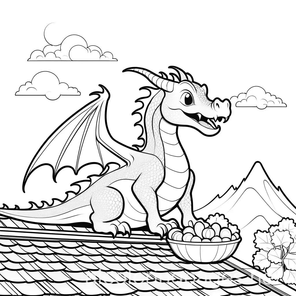 cute  dragon eating vegatables
on the roof, Coloring Page, black and white, line art, white background, Simplicity, Ample White Space. The background of the coloring page is plain white to make it easy for young children to color within the lines. The outlines of all the subjects are easy to distinguish, making it simple for kids to color without too much difficulty