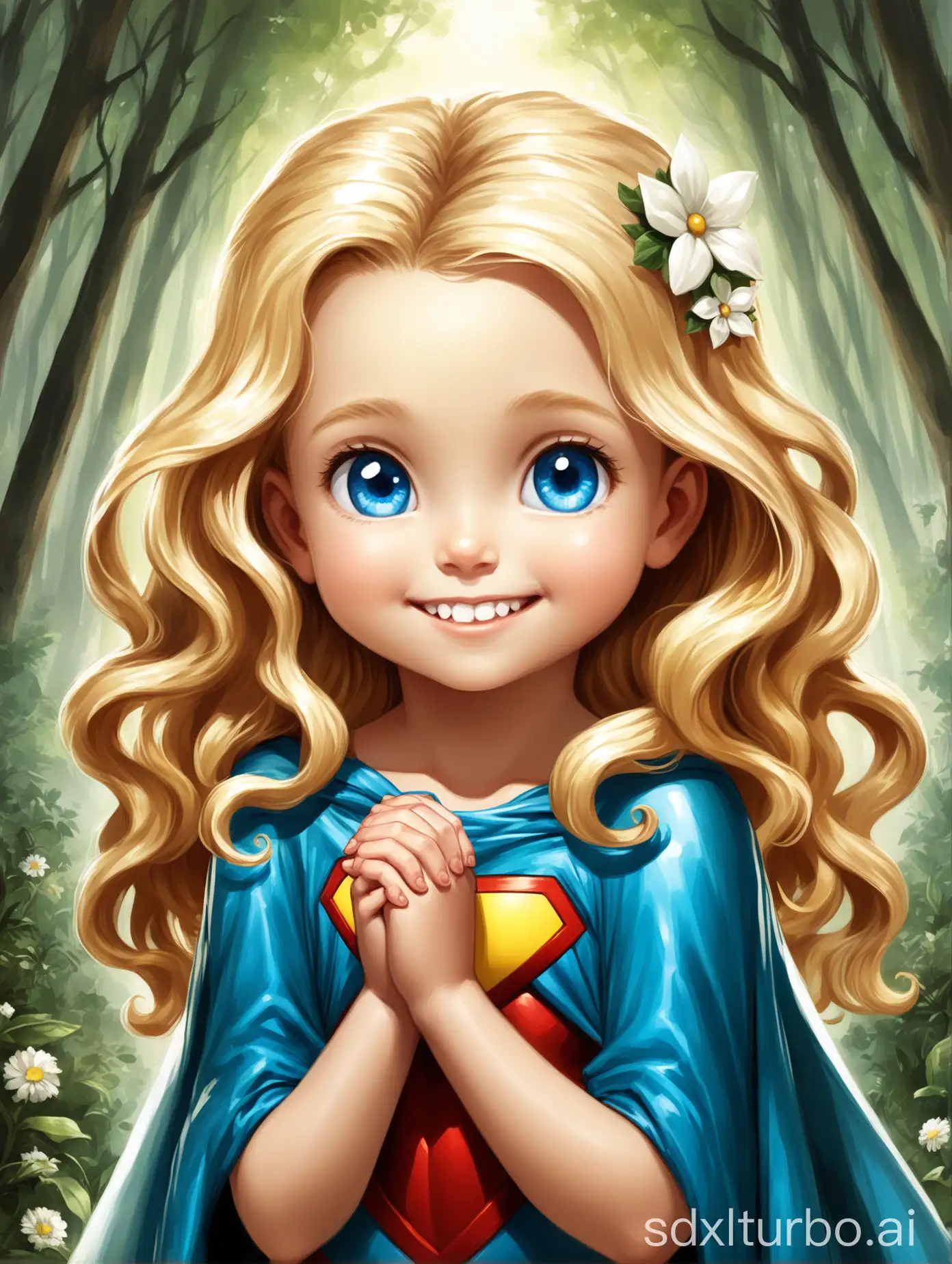 Create an illustration of a superhero for a children’s storybook. The superhero, Emily, is standing in a forest. These are her physical features:  a young Caucasian female, likely in the early childhood age range, possibly between 3 to 5 years old. She has long curly blonde hair that cascades down past her shoulders. A white flower hair accessory adorns the right side of her hair. Her facial features display joy with a wide, toothy smile showing her baby teeth, and her blue eyes glisten with a reflection of light, suggesting she is looking into a bright environment or possibly at a photographer's flash. Her eyebrows are light in color, which is common for someone with blonde hair, and her skin tone is fair. The child's cheeks are slightly rosy, possibly due to natural coloration or the result of smiling. The young girl has her hands gently clasped together and presents a relaxed but happy posture.