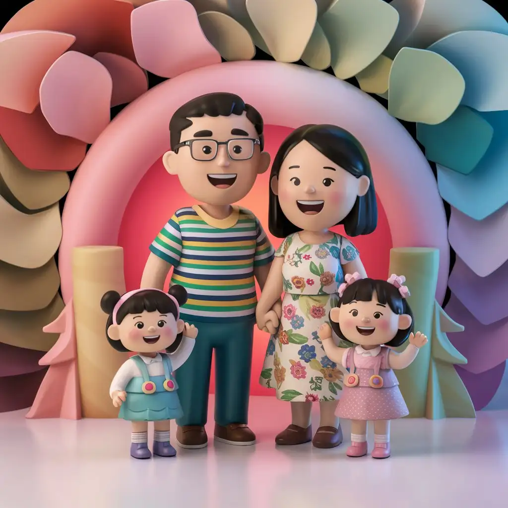 Semi karikatur kartun 3D terdiri ayah, ibu dan dua anak perempuan kecil dengan background warna estetik