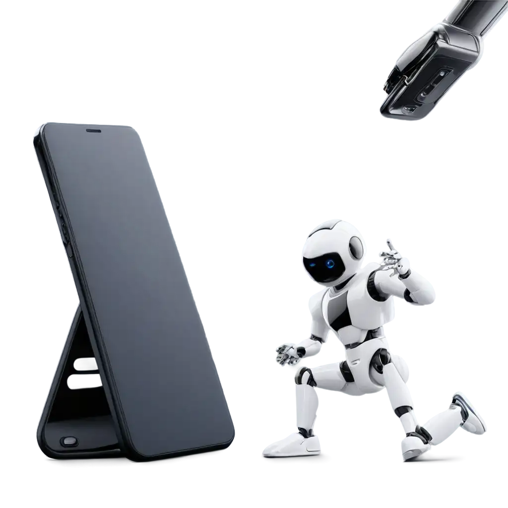 A phone standing at an angle of 75 degrees with an AI Robot coming out of the phone. AI robot should have one leg in the phone and one leg our of the phone. The phone background should be busy and fill with AI elements while the outside of the phone should be clear and plain