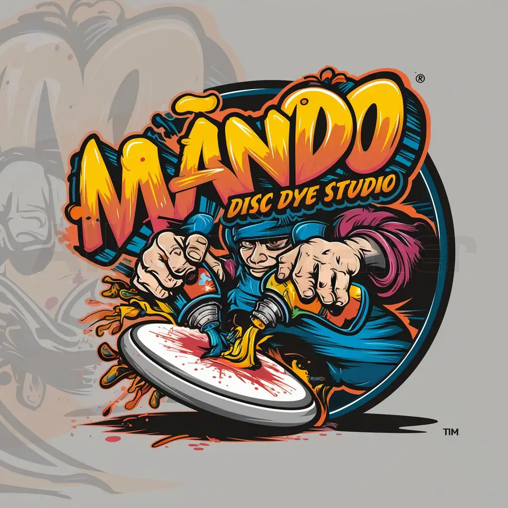 a logo design,with the text "Mando Disc Dye Studio", main symbol:Bright splashy colors, graffiti style text, thhe graffiti artist's hands squeeze bottles paint onto a Frisbee laying at an angle on a surface. The artist paints the frisbee in a frenzy of paint flying and splashing everywhere,Moderate,clear background