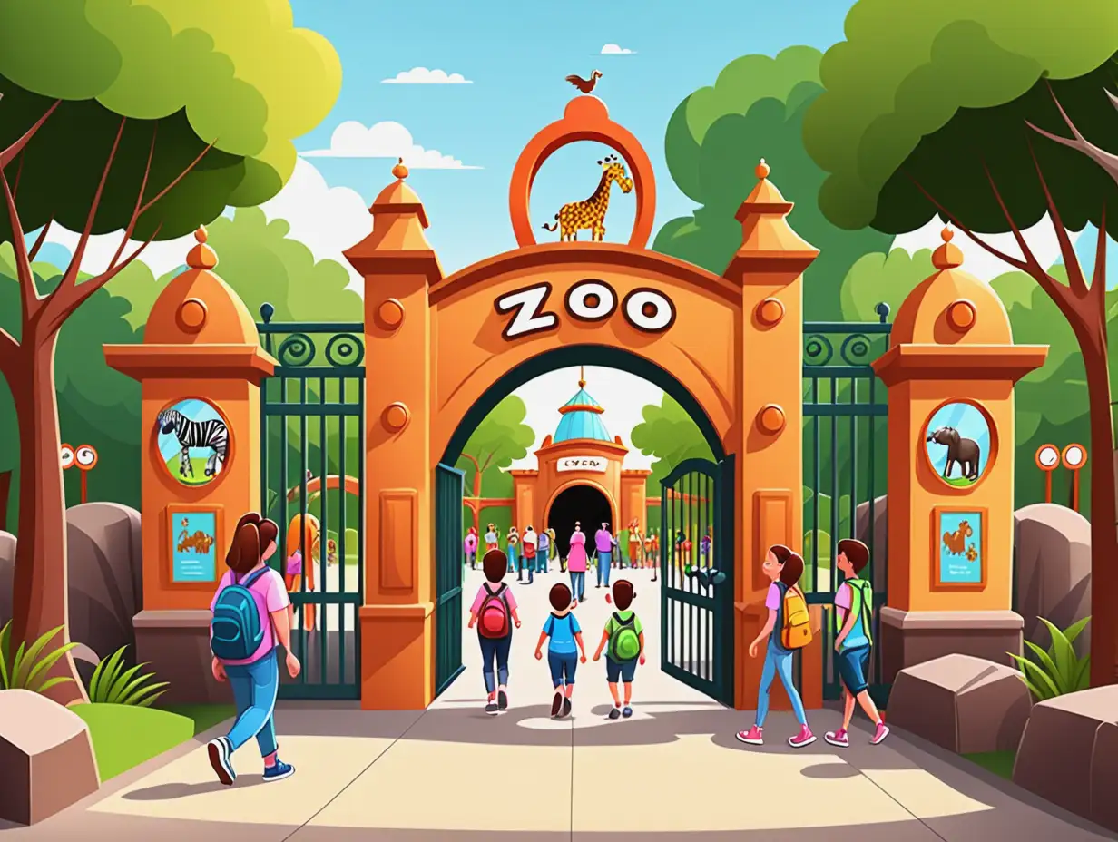 cartoon zoo entrance and admission gate with people walking in