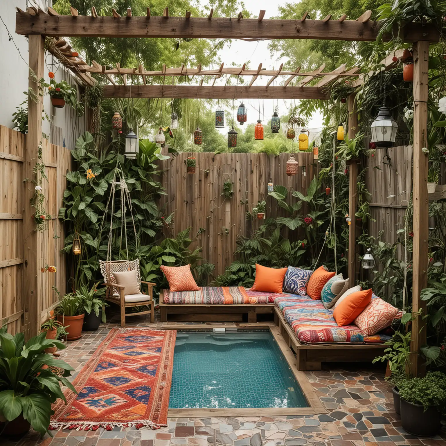 a wide shot of A small urban backyard with a reclaimed wood deck adorned with colorful outdoor rugs and a mix of poufs, floor cushions, and hanging macramé chairs. Surround the space with tall, leafy plants like banana leaves, bird of paradise, and trailing ivy. A small, rectangular above-ground pool with a mosaic tile finish and an attached wooden ladder offers easy access. Add a hammock strung between two sturdy posts, and a pergola with hanging plants, vintage lanterns, and string lights for a relaxed, eclectic vibe.