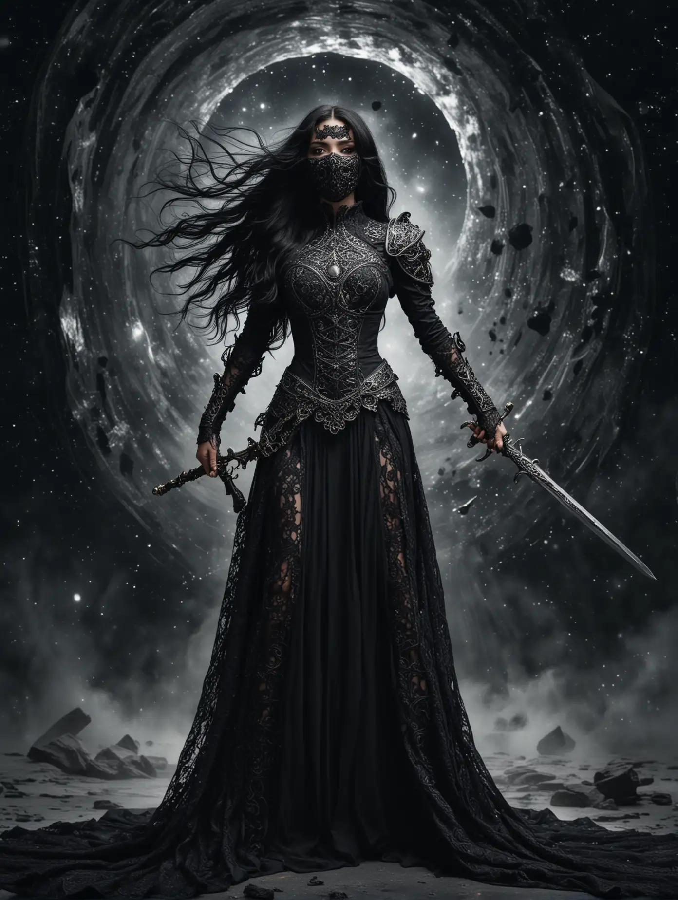 Mysterious-Warrior-Woman-in-Silver-Armor-Wielding-a-Sword-Against-Cosmic-Void