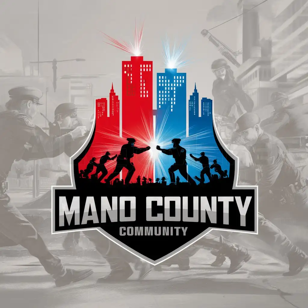 a logo design,with the text "Mano County Community", main symbol:Skycrapers flashing red and blue lights with an intense battle of police and criminals,Moderate,clear background