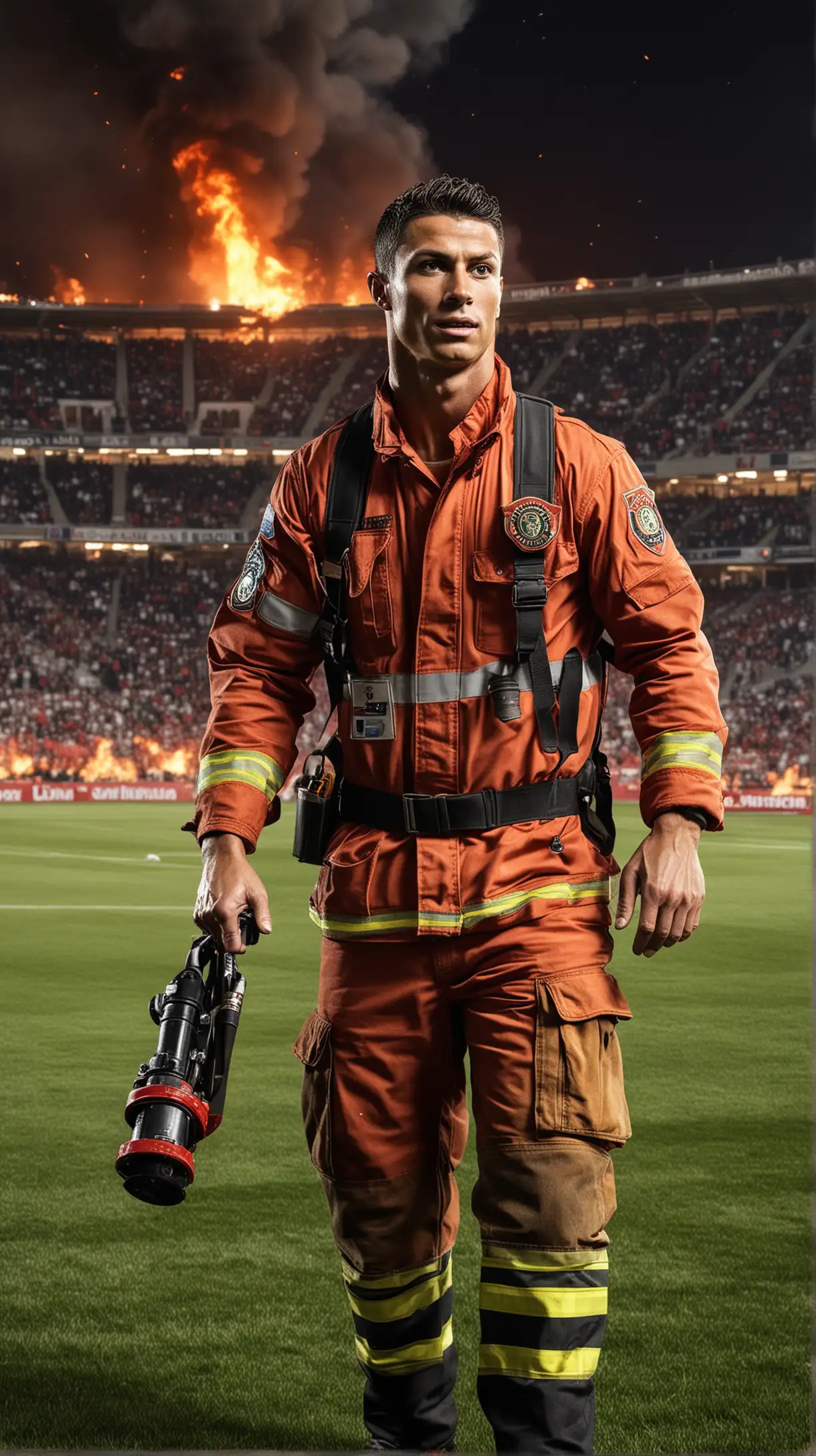 Cristiano Ronaldo Firefighter Portrait with Stadium Background