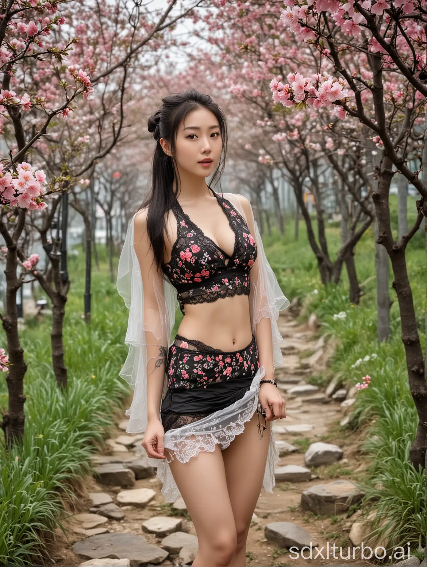 32-year-old Chinese beauty, 173 centimeters tall, 65 kilograms weight, five features delicate and charming, figure curve and attractive, buttocks plump, perfect hourglass figure, has abs, mid-length hair, diagonal ponytail, white skirt, black lace lingerie, full body, barefoot wearing black high heels. Background: In the gully, bright pink peach blossoms are blooming vibrantly, one side is white plum blossoms paired with green leaves. Strange flowers and grass, odd stones, vines, clouds and fog winding around.