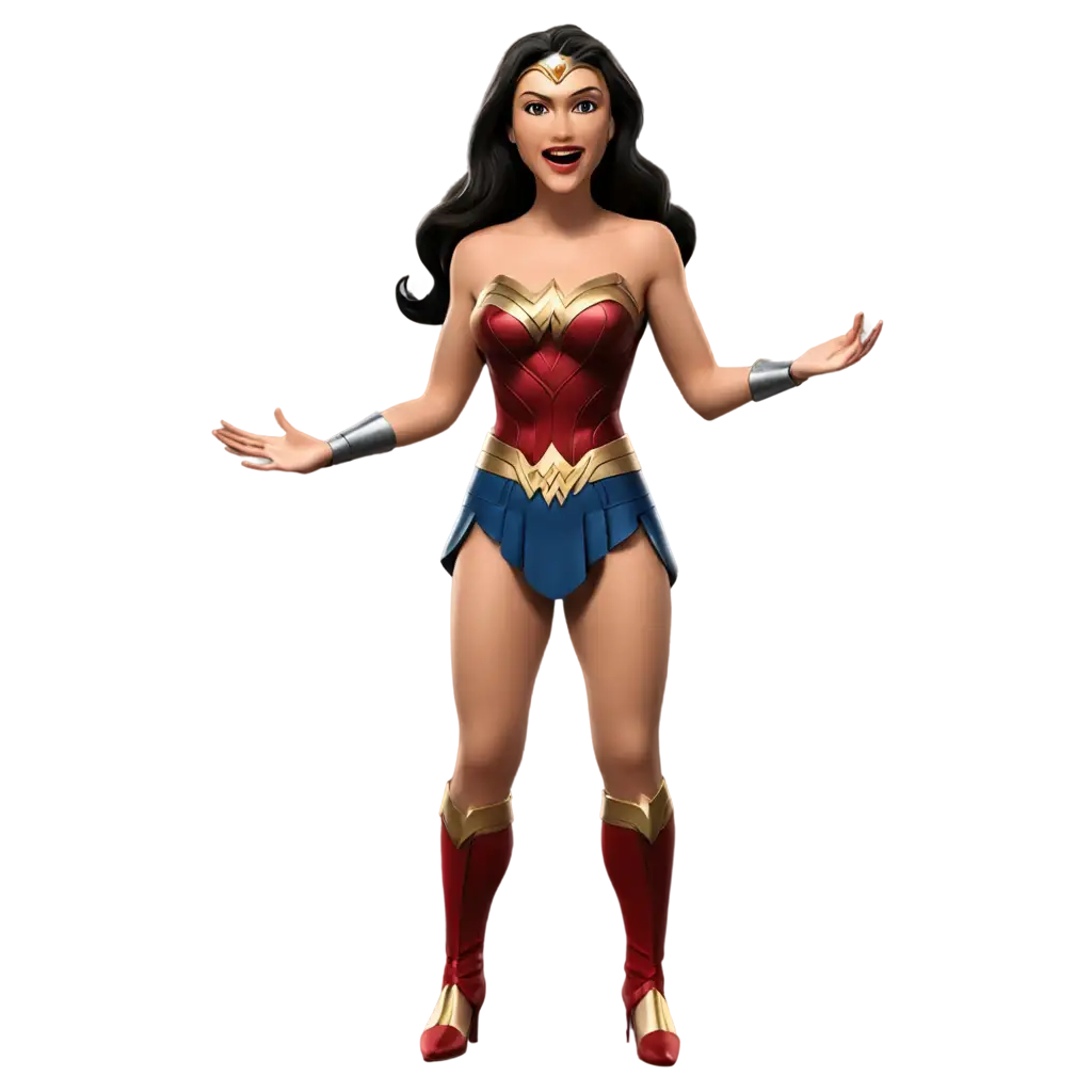 3d cartoon, 3d animation, wonder womwn from dc comics, laughed out loud,