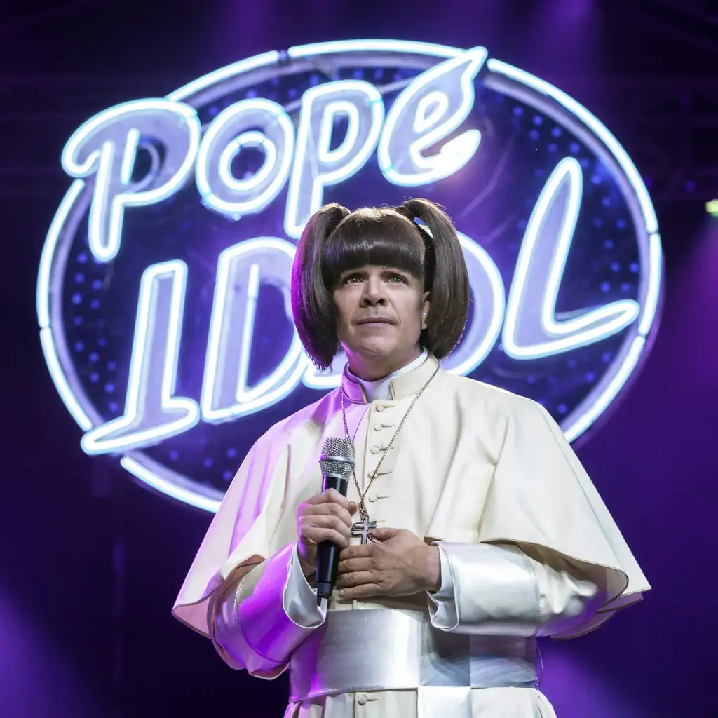 (((Masterpiece))),  real image, high quality, image of the pope on the stage, famous tv show POPE IDOL, a microphone on his hand, he looks like rapfaella karra, hair style a bobs, Peinado liso, con las puntas hacia adentro, y volumen alto, letters POPE IDOL neon lights