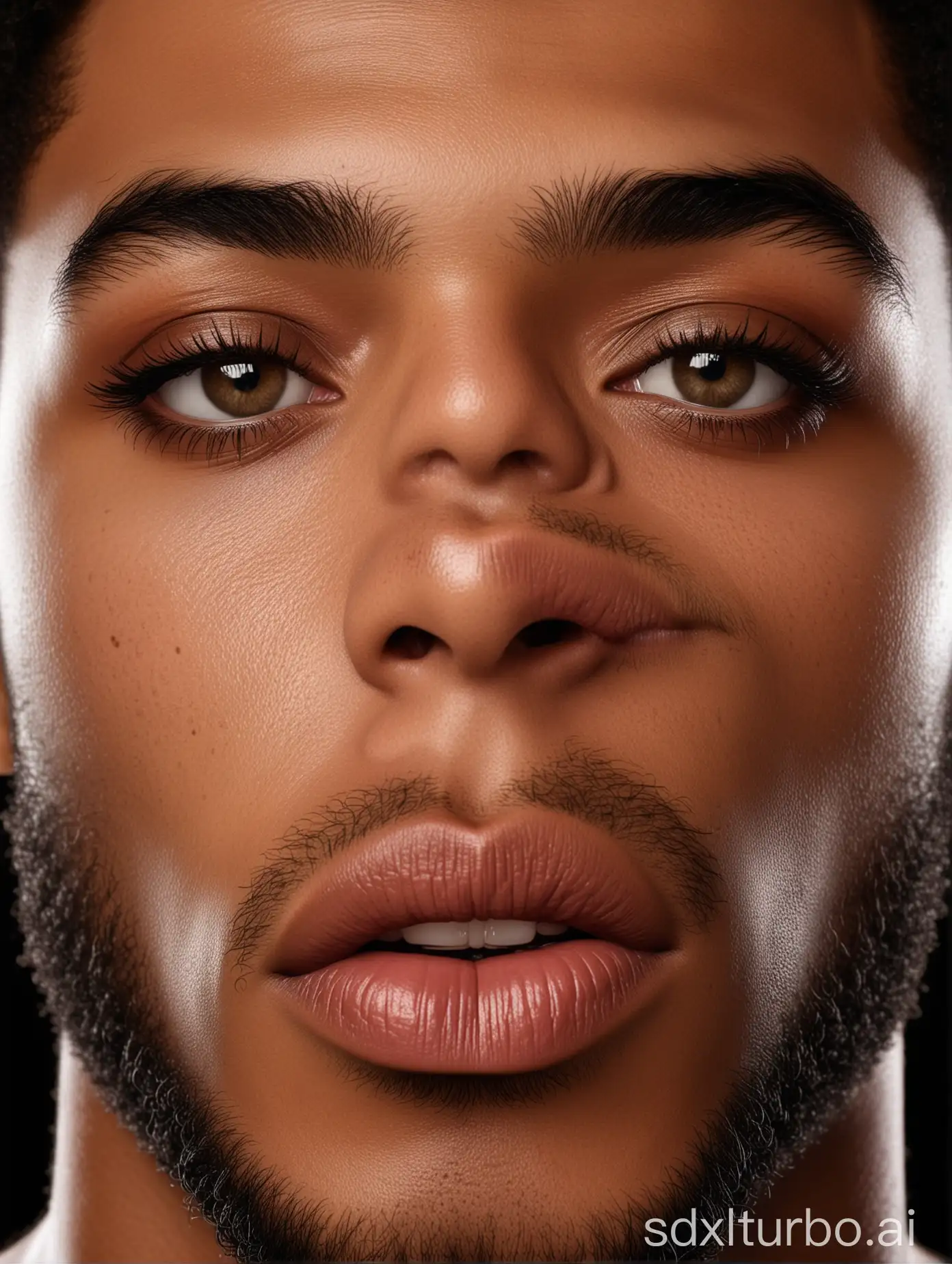first pov towards mirror ,afro male model, realistic, features, extreme skin and texture detail, huge lips, face, masculine face traits, latino men
alpha male, handsome, face portrait, perfect face, studio light, photo realistic, black skin, dark skin tone, with a white background