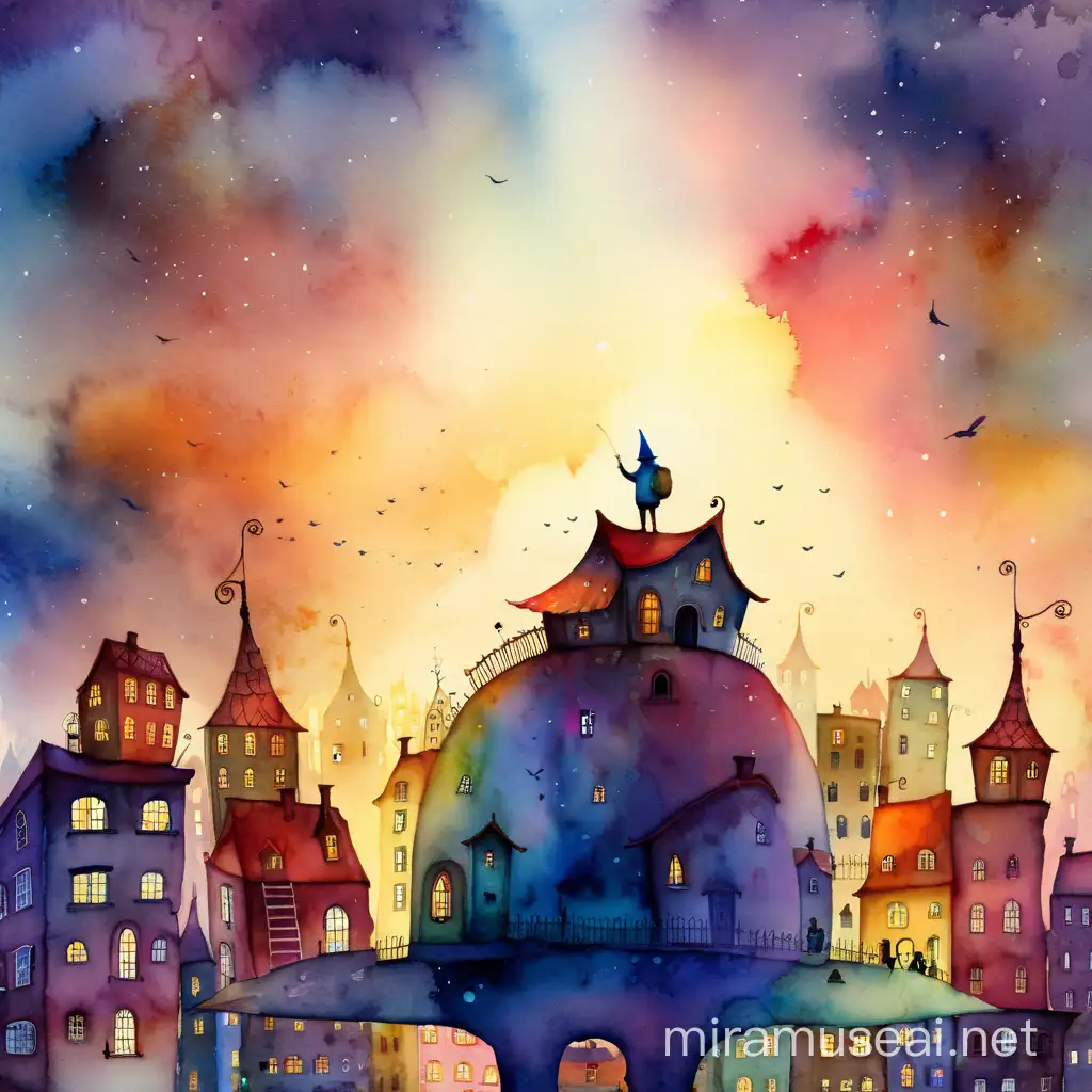 город, каморка художника под крышей, watercolour style by Alexander Jansson