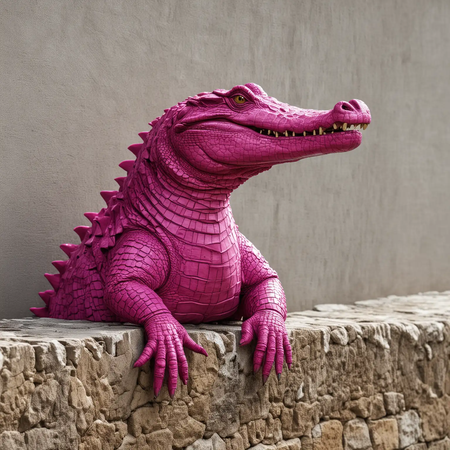 a magenta crocodile sitting on a wall