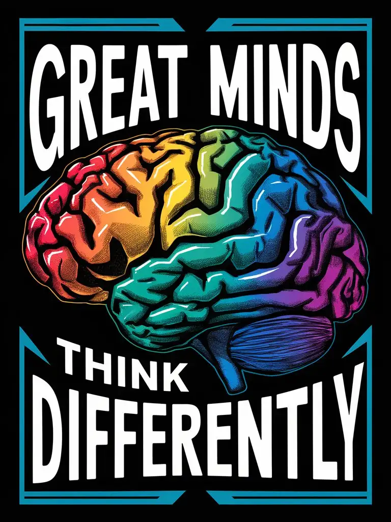 Graphic T-Shirt Design: Vectorised, Bold Outlines.  

Vibrant and colourful brain with the text "Great Minds Think Differently".