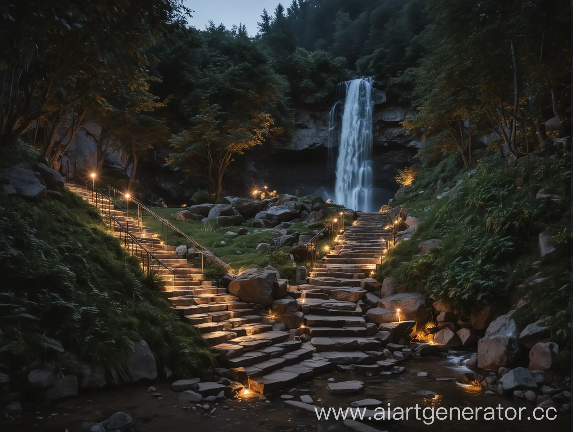 an area with a hill where there is a staircase in the middle and a waterfall on the sides with lighting