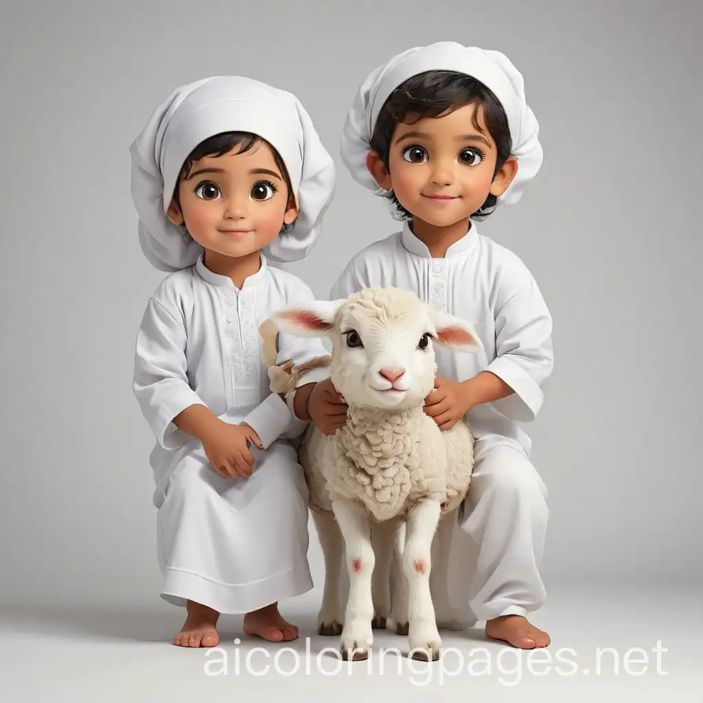 Children with Eid al-Adha lamb, Coloring Page, black and white, line art, white background, Simplicity, Ample White Space