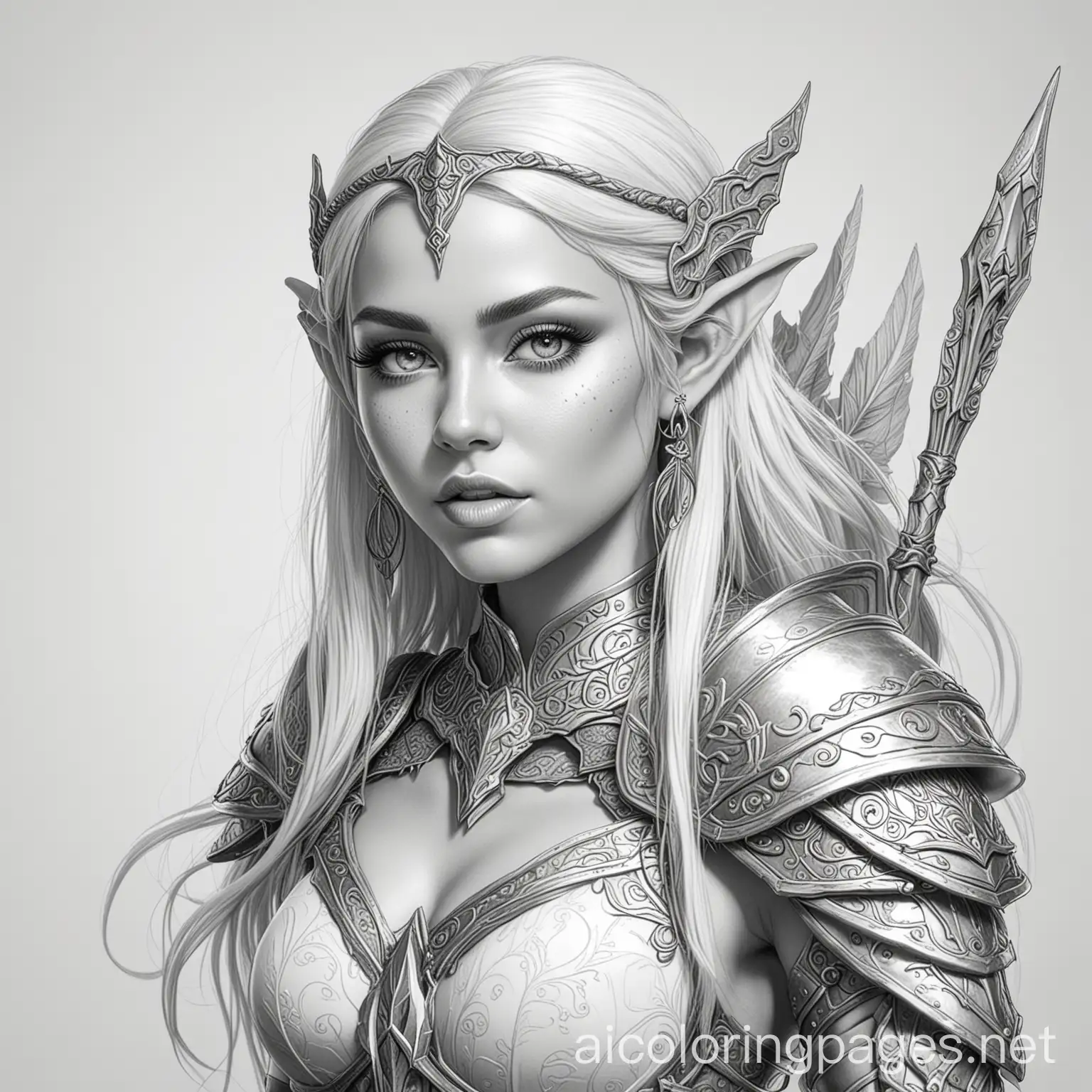 Elf warrior queen, Coloring Page, black and white, line art, white background, Simplicity, Ample White Space. The background of the coloring page is plain white to make it easy for young children to color within the lines. The outlines of all the subjects are easy to distinguish, making it simple for kids to color without too much difficulty