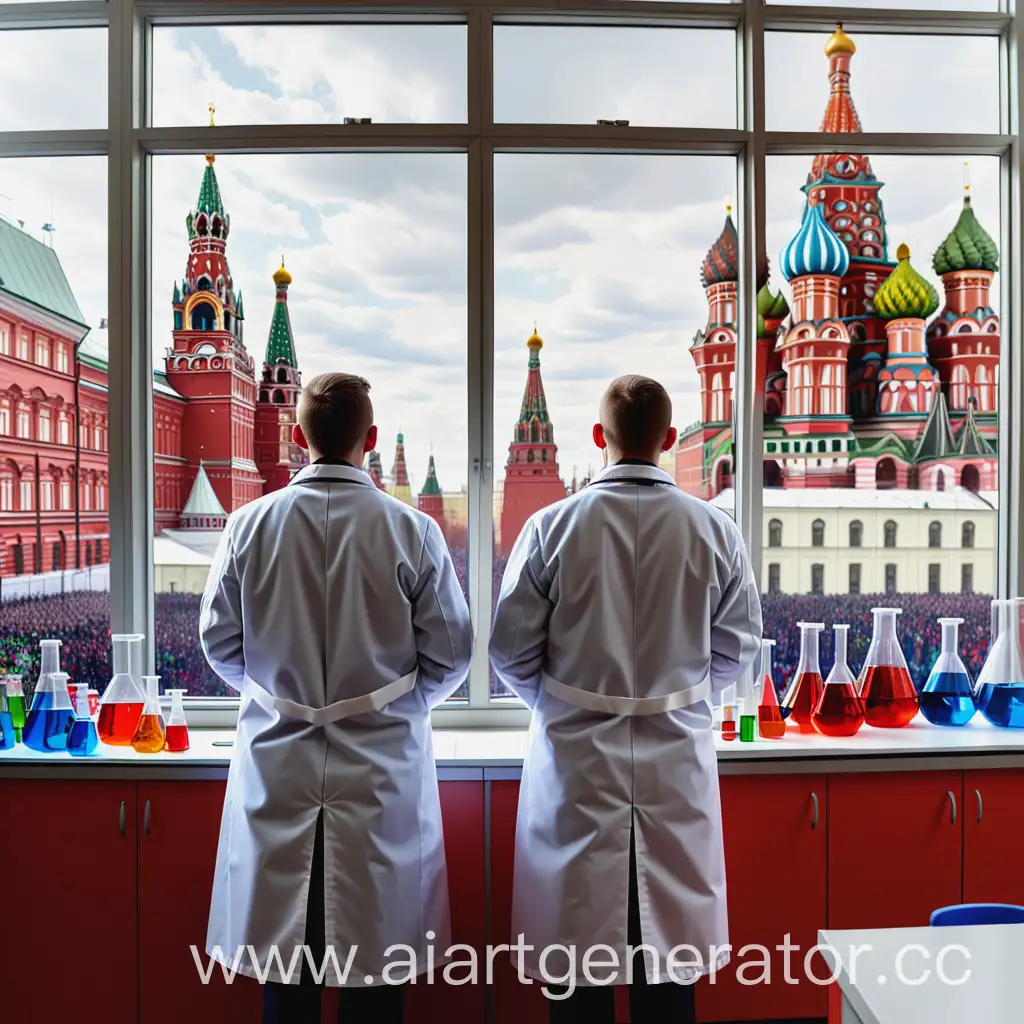 2 химика в халатах к нам спиной
 в лаборатории смотрят в окно. в окне парад посвящённый 9 маю на красной площади с людьми и военной техникой
