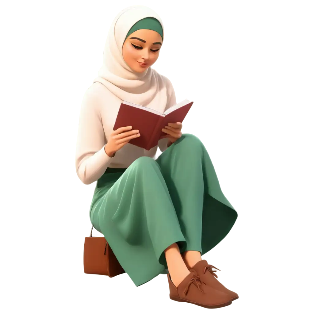 kartun muslim perempuan sedang membaca duduk