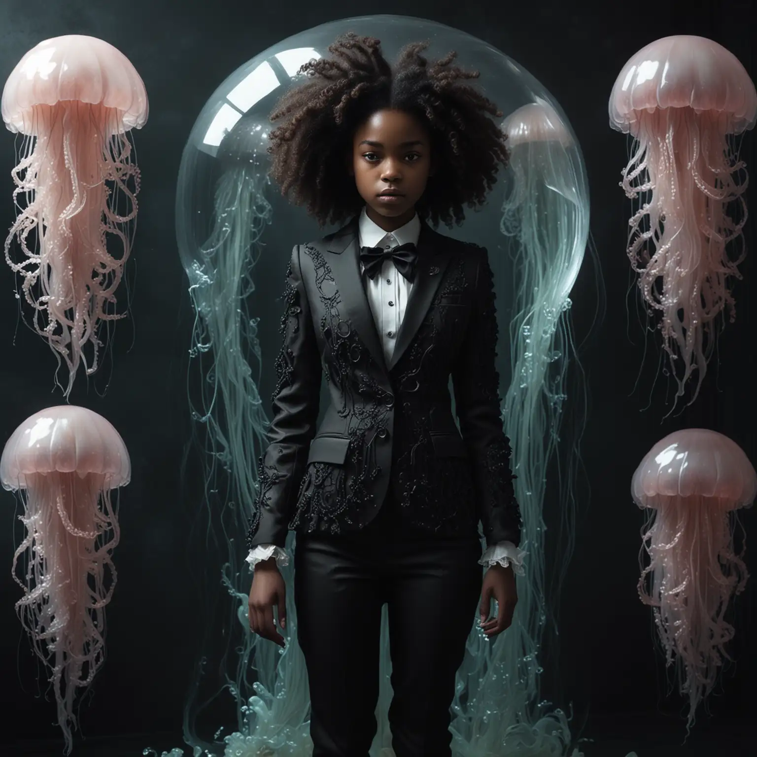 niña negra
 vestida con un traje hecho con medusas, una medusa gigante detras como mascota, estilo realista y rococo, oscuro, texturas, creepy
