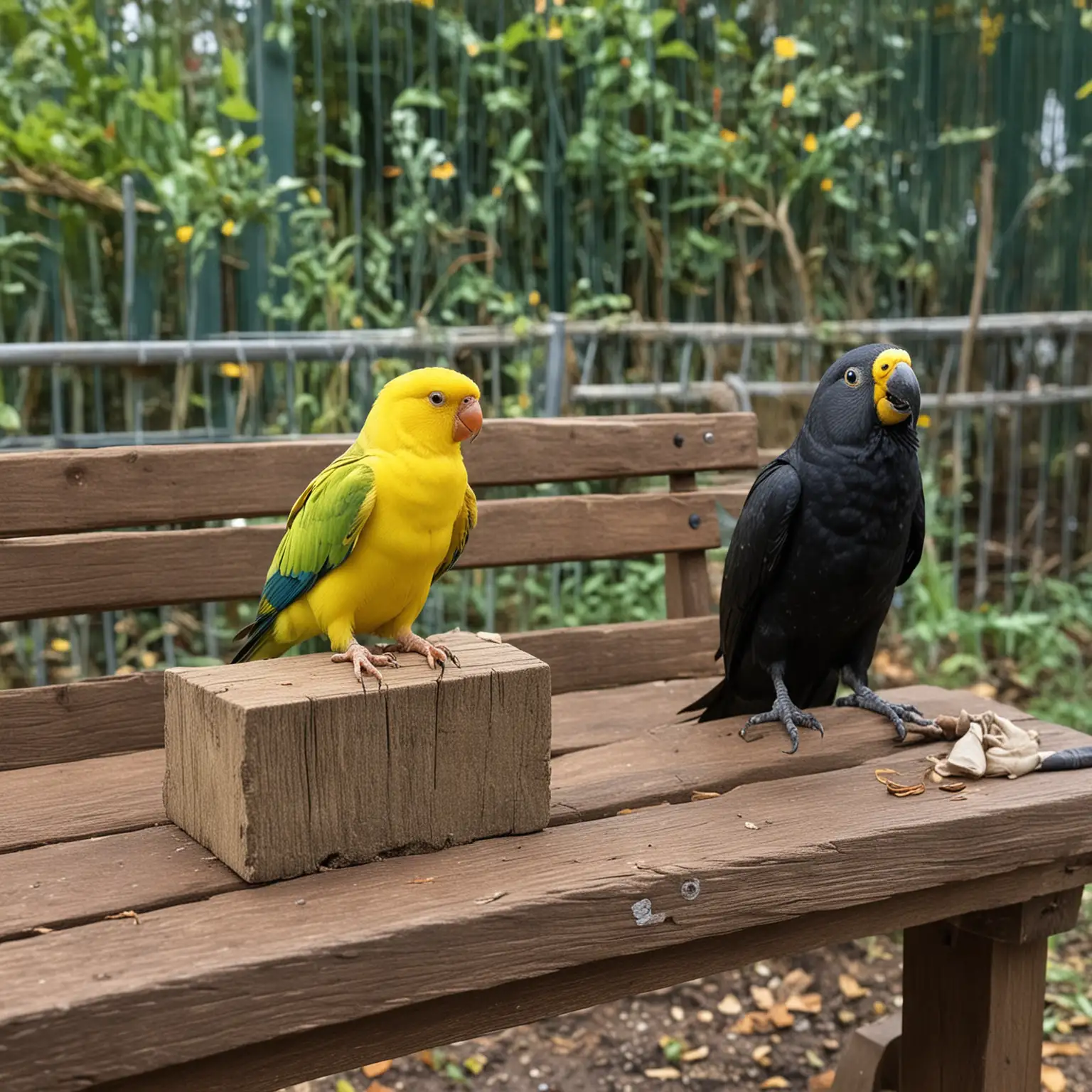 на скамейке сидят кот, ворона и желтый попугайчик