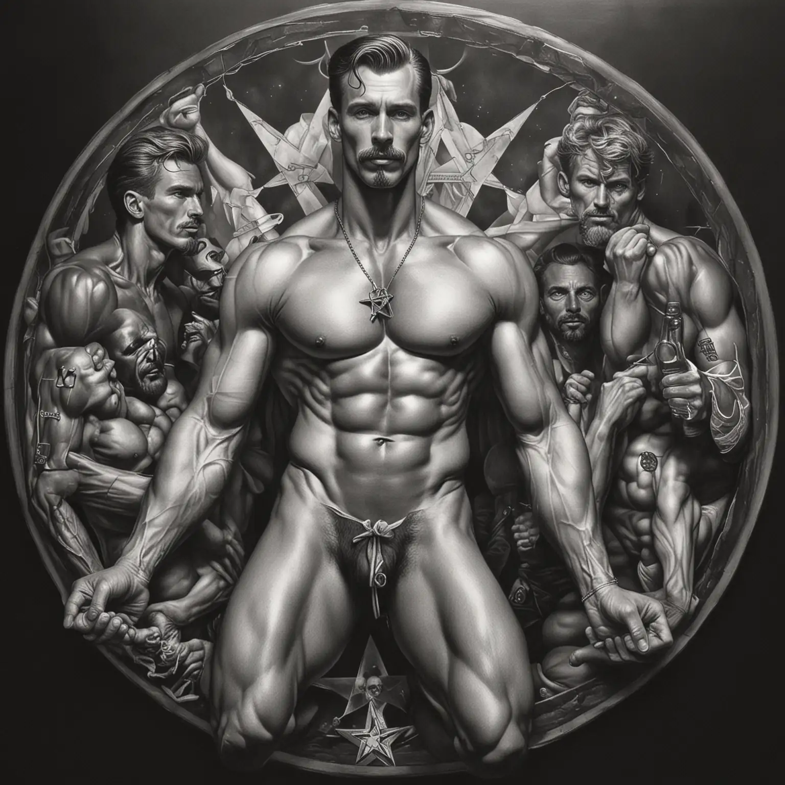 Erotic Tom of Finland Illustration with Kabbalistic Themes and Group Interaction