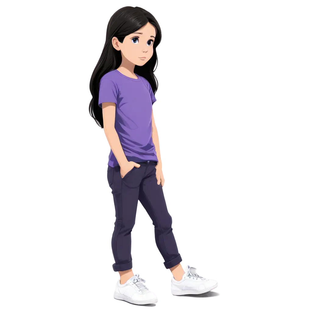cartoon drawing: A beautiful little girl with white skin, big hazel eyes and long black hair but not too long. She sad. She is around 13 years old. She is wearing a purple t-shirt and pants and white shoes. She has white skin. she is very sad. Make it more like a drawing and not like a photo. she is looking DOWN at the  ground
.