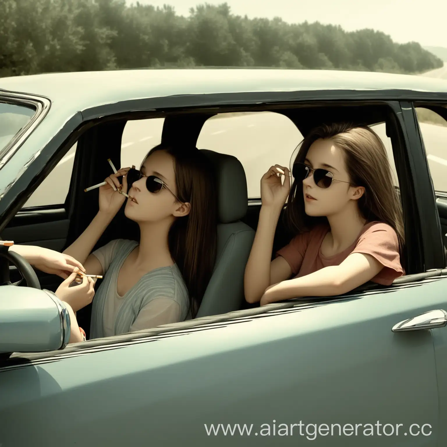 Две девушки сидят в машине без крыши, одна девушка ведёт  машину и смотрит на доргу, а вторая положила локоть на дверь машины, в руках у нее сигареты, а второй рукой она поправляет очки от солнца 
