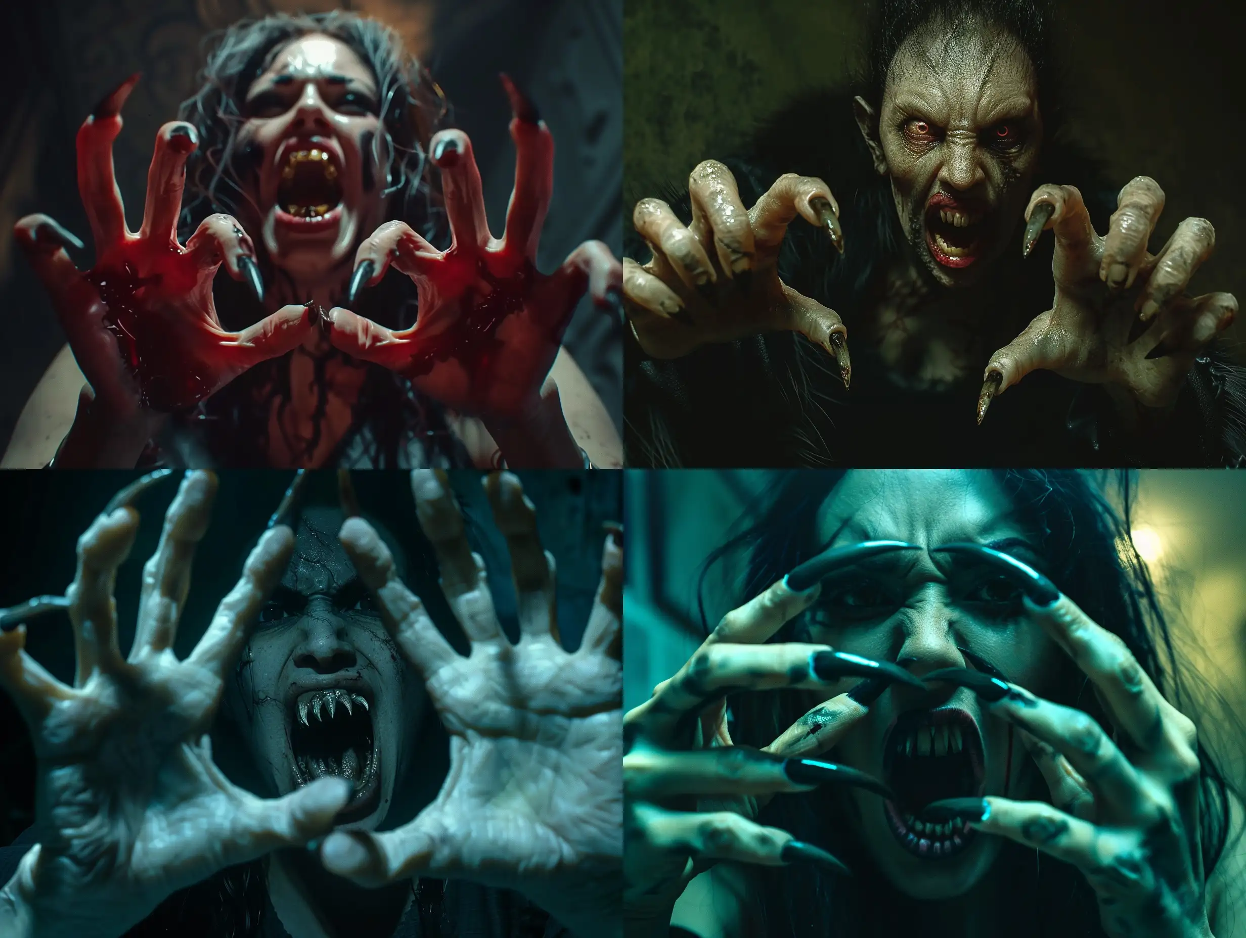 A photorealistic scene of a wild ugly monstruos vampire woman with extra long pointed fingernails, on each hands with five fingers, her mouth is threateningly open, and terrible teeth look like fangs, the vampire looks like she climbed out of the grave, her nails resemble the claws of a predators.scene inside darkness room,hyper-realism, cinematic, high detail, photo detailing, high quality, photorealistic, aggressive, dark atmosphere, realistic, the smallest details, detailed nails, horror, atmospheric lighting, full anatomical, photorealism, detailed, textured, dark, haunting, night-time scene, intense, creepy, undead, spooky, eerie, atmospheric lighting, nightmare, grotesque, terrifying, realistic anatomy, human hands, very clear without flaws with five fingers.