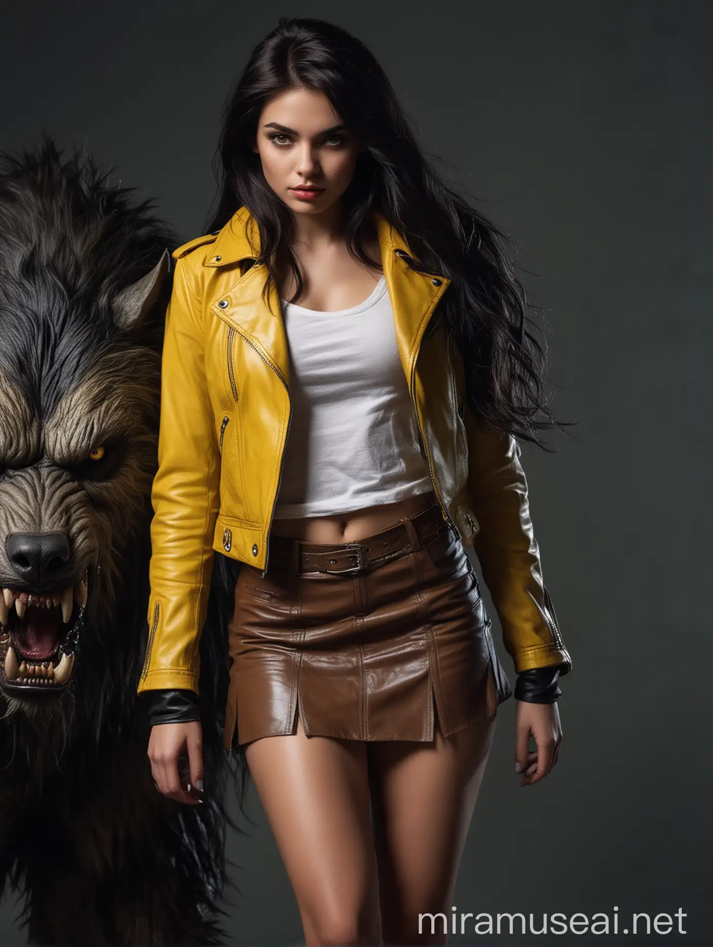 Красивая девушка с длинными с тёмными волосами, в короткой юбке, в кожаной жёлтой куртке и огромный, мощный, хищный , в полный рост волк-оборотень