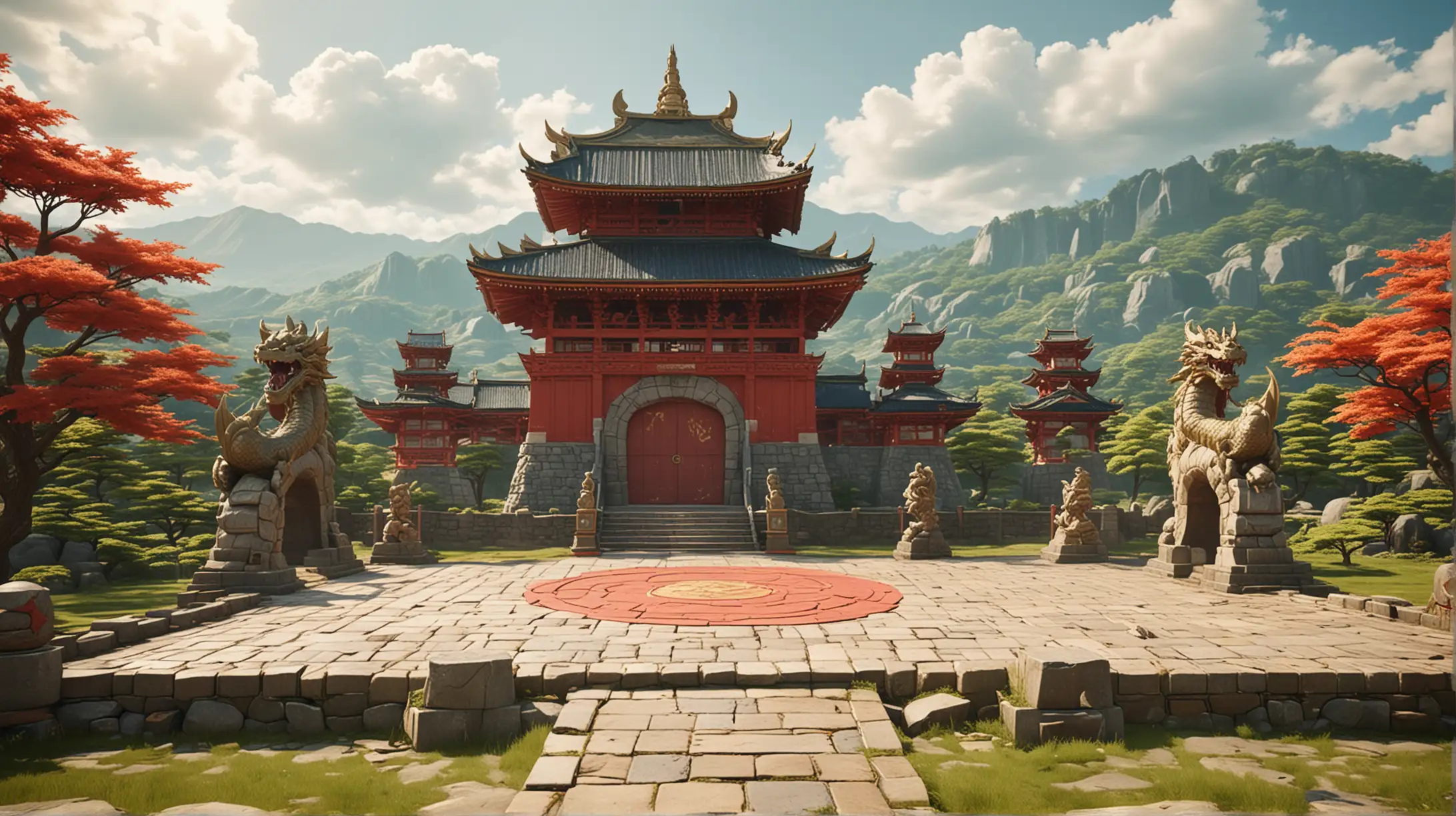 Fighting game stage front view, a stone martial arts arena with dragon-shaped sculptures standing upright, a mystical Japanese red and gold castle in the distance,  In an open square with lush green plains, 