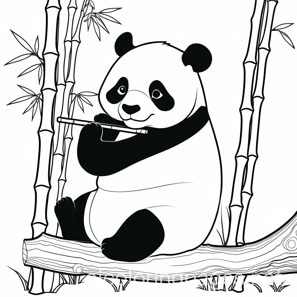 simple panda eating bamboo sat on a tree trunk, Coloring Page, black and white, line art, white background, Simplicity, Ample White Space