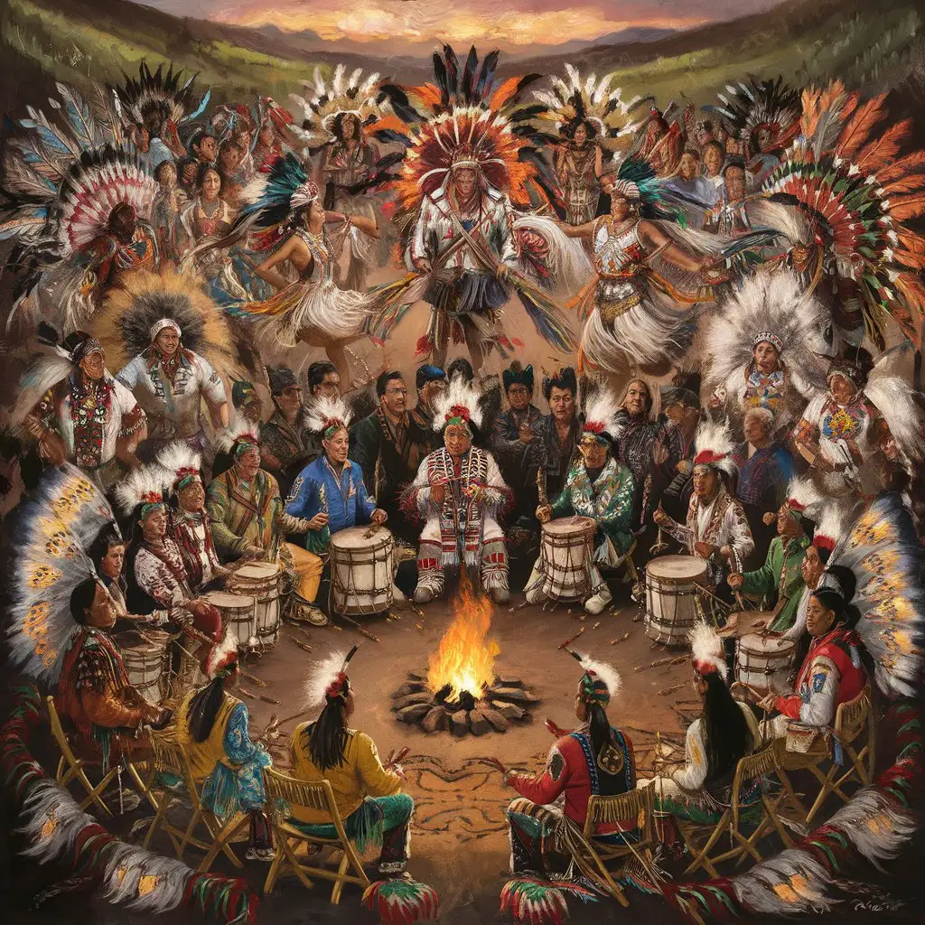 A detailed painting of a Native American powwow with traditional attire.