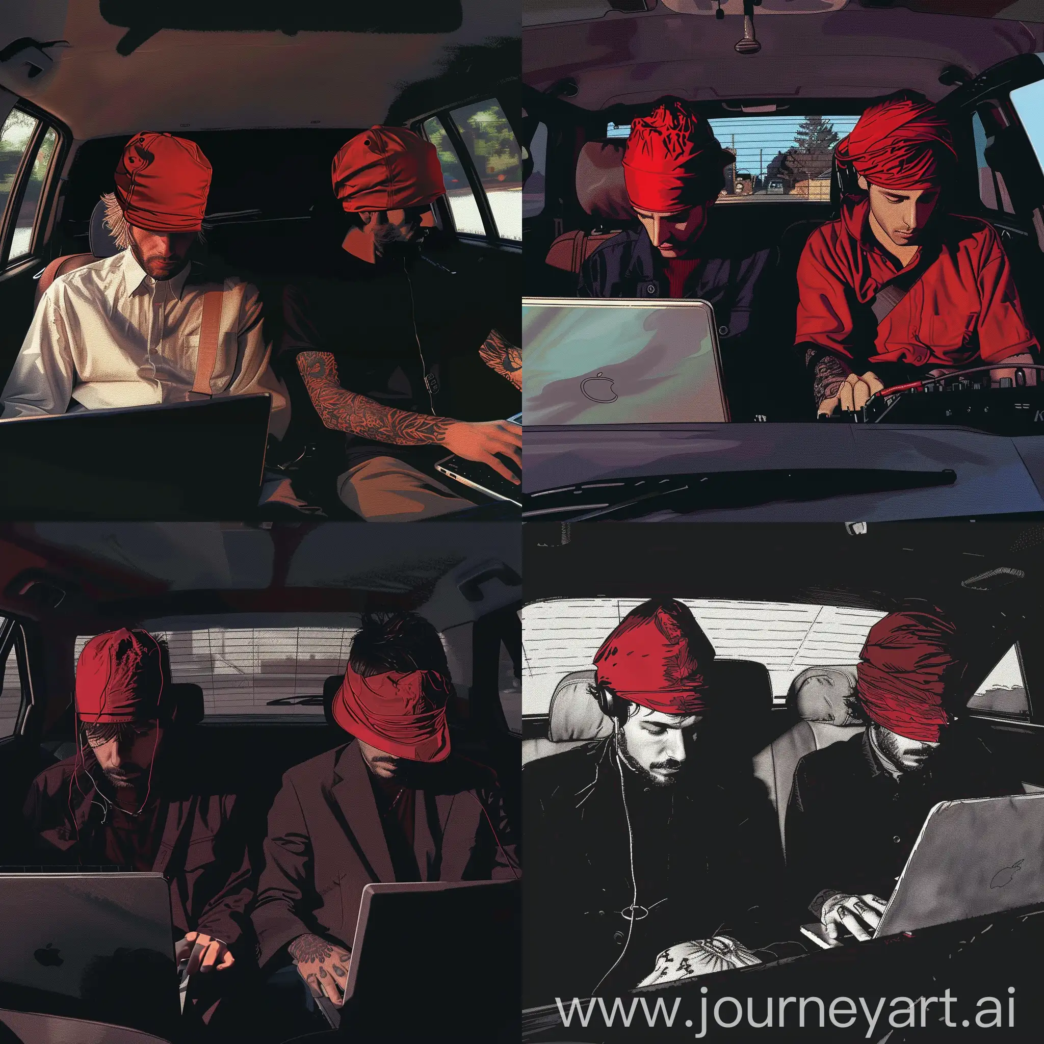 Two-Men-Making-Music-on-Laptop-in-Car-Drawn-Style-with-Tattooed-Hand