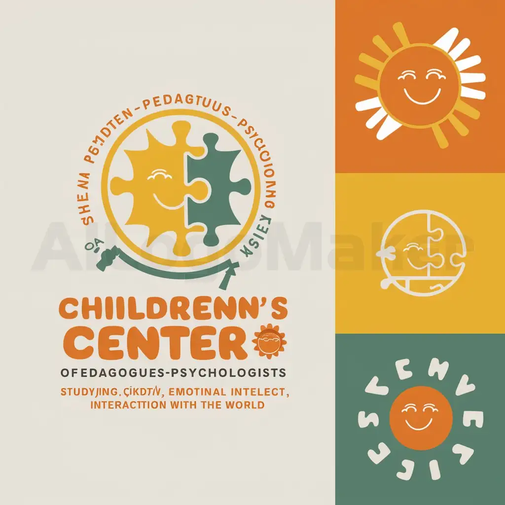 a logo design,with the text "pedagog-psychologist", main symbol:Logotype for a children's center of pedagogues-psychologists, focused on helping children in studying, development of emotional intellect and interaction with the world, should be bright, friendly and inspiring.nPossible elements of the logo:n1. Image of smiling children or cartoon characters, conveying joy and emotional wealth.n2. Symbols of inspiration and development, such as flying birds, bubbles, trees or blooming flowers.n3. Inclusive elements, reflecting the uniqueness and talent of each child, for example, puzzles, mosaic or pencils of different colors.n4. Symbols of education and development, such as books, globes, light bulbs or arrows, indicating growth and progress.nnColor palette for the logo may include bright and cheerful colors, such as orange, yellow, green or blue, to convey an atmosphere of joy and optimism.nnDon't forget to include the name of the center and additional information about your activities for creating a recognizable brand.,Moderate,clear background