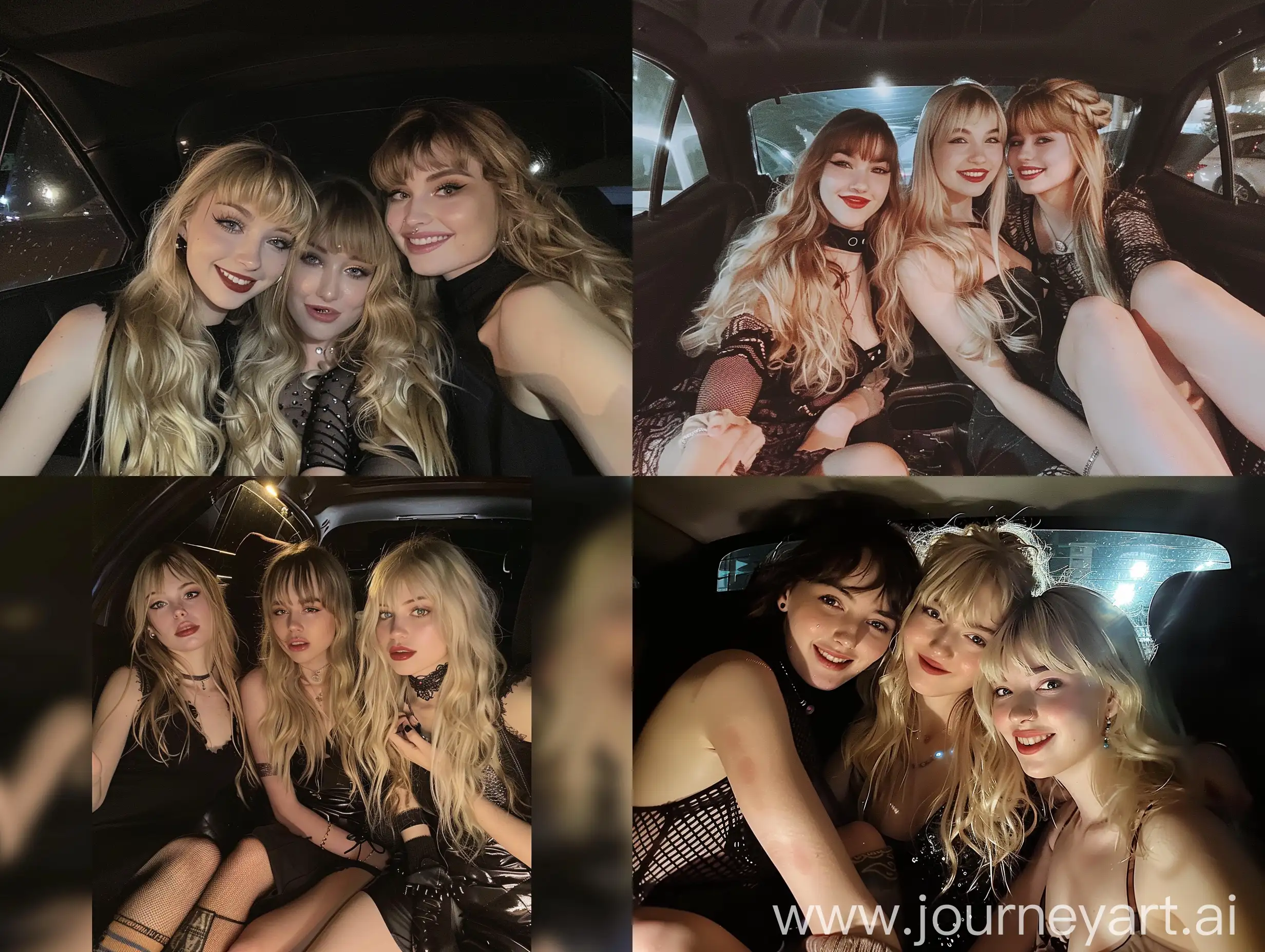 3 girls, long blond hair ,bangs, fringed hair, 22 years old, inside car, influencer, beauty ,,black dress, at night, flash, smiling,  makeup,, sitting on car ,
 socks and boots, no effect, selfie , iphone selfie, no filters , iphone photo natural
