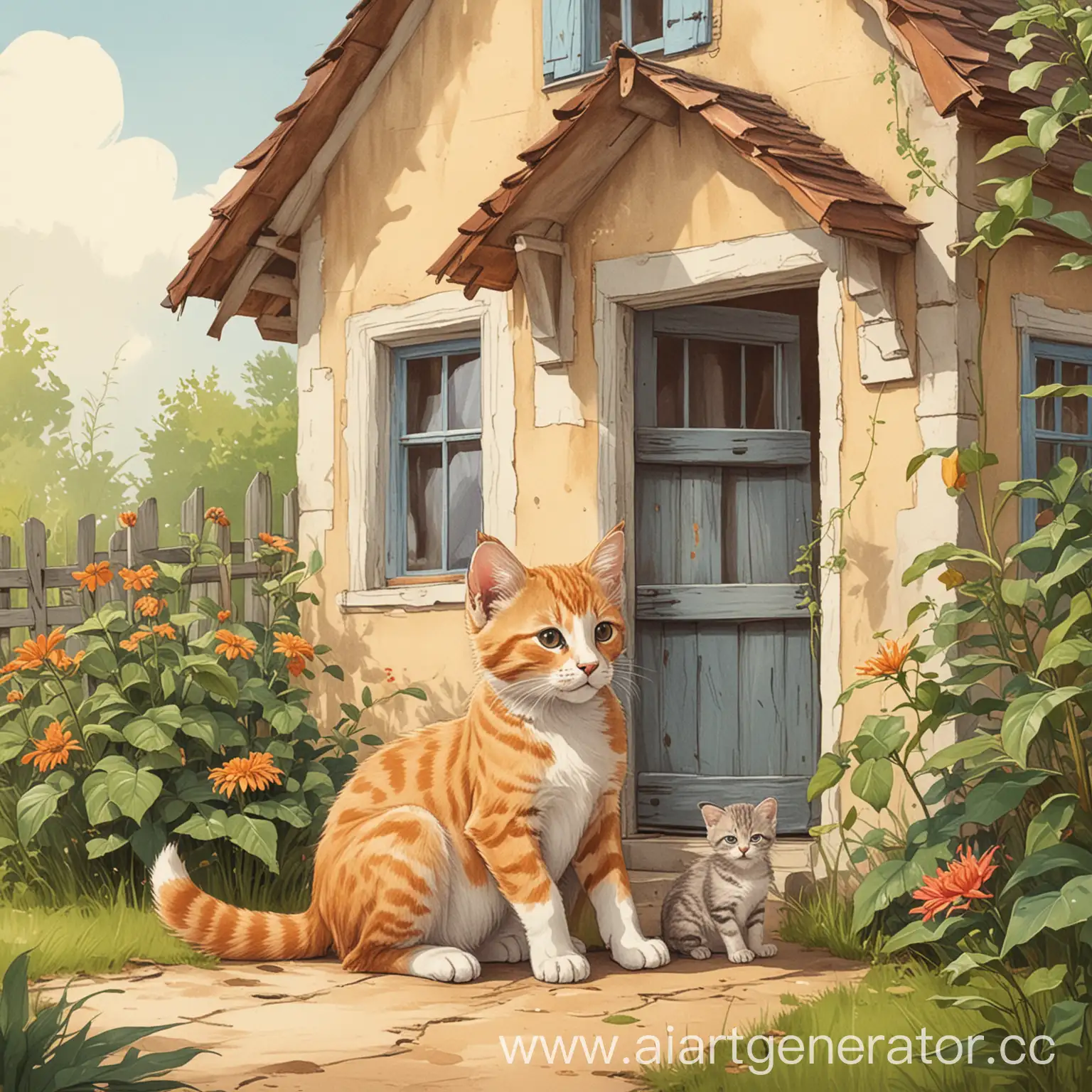 маленький котенок и большая кошка сидят возле дома, простой милый, рисунок для детской книги, иллюстрация  