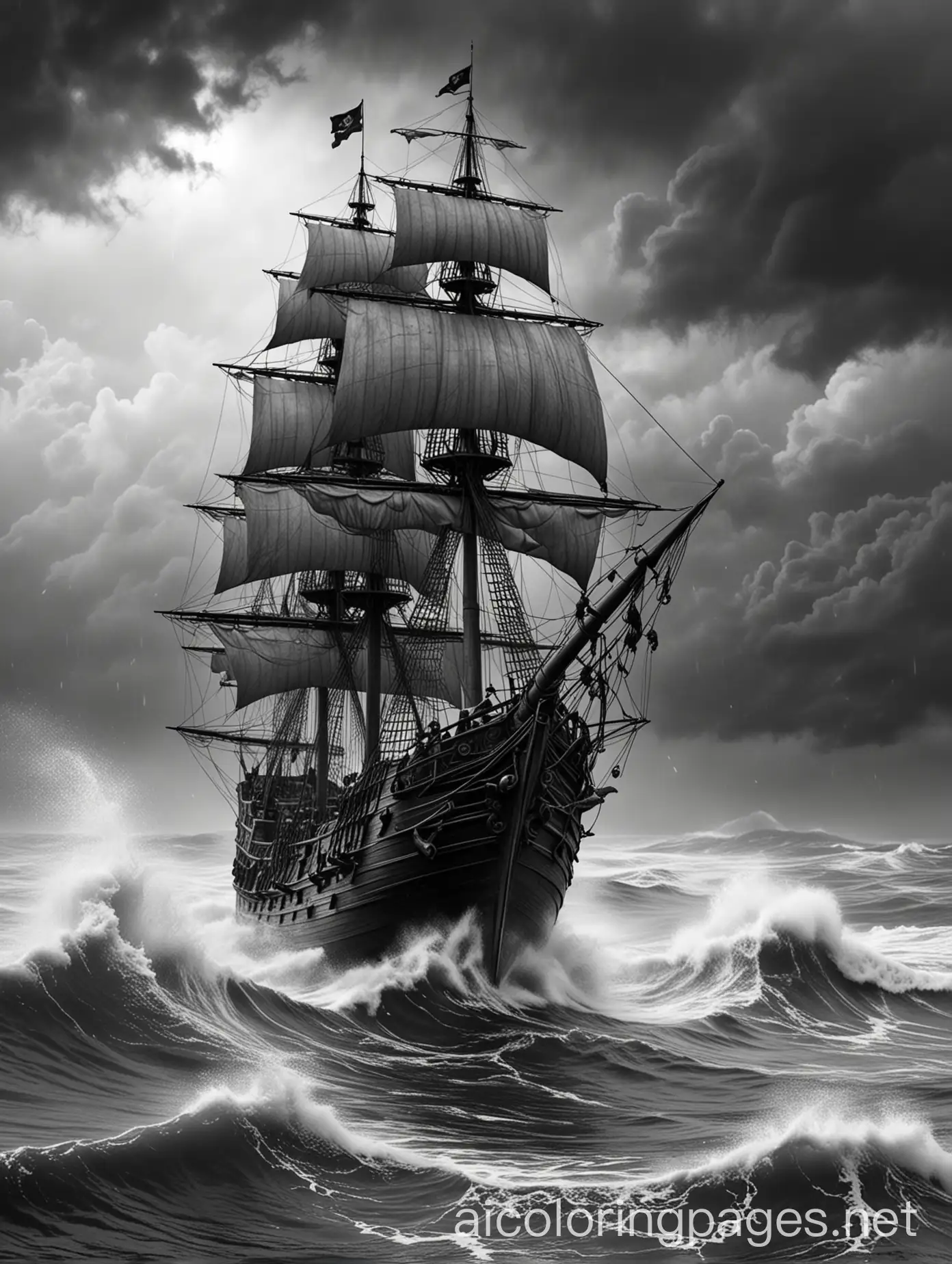 a captivating photo-realistic image of a pirate ship, battling heavy rains on the raging sea, with 30' waves, and a dark rainy sky, with the ship's crew in peril for their lives , Coloring Page, black and white, line art, white background, Simplicity, Ample White Space. The background of the coloring page is plain white to make it easy for young children to color within the lines. The outlines of all the subjects are easy to distinguish, making it simple for kids to color without too much difficulty