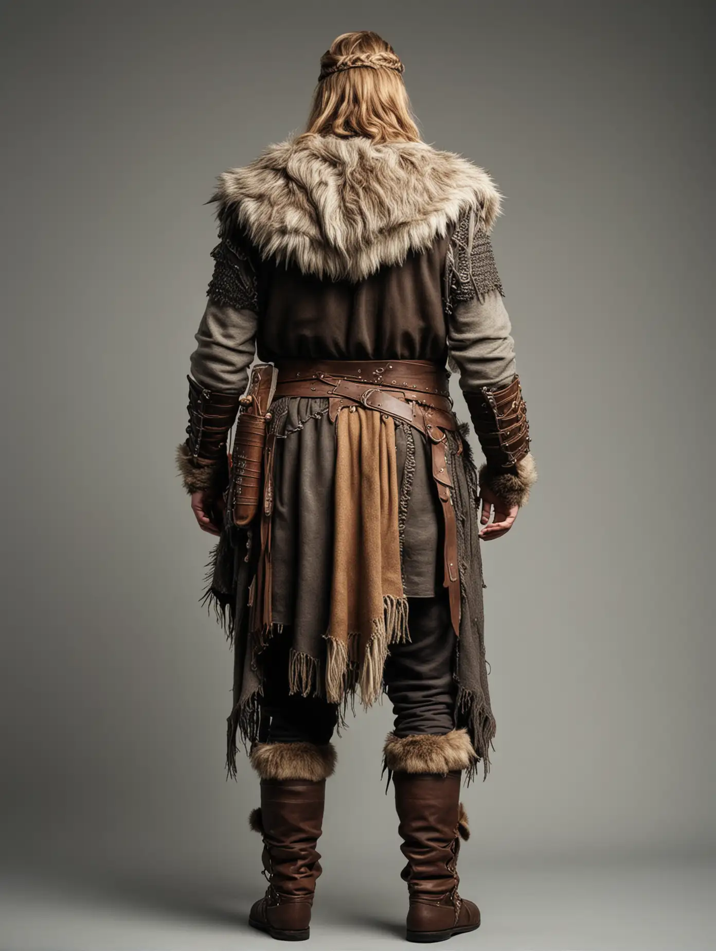 viking warrior, back view, full body, show no face, fur shawl, 
