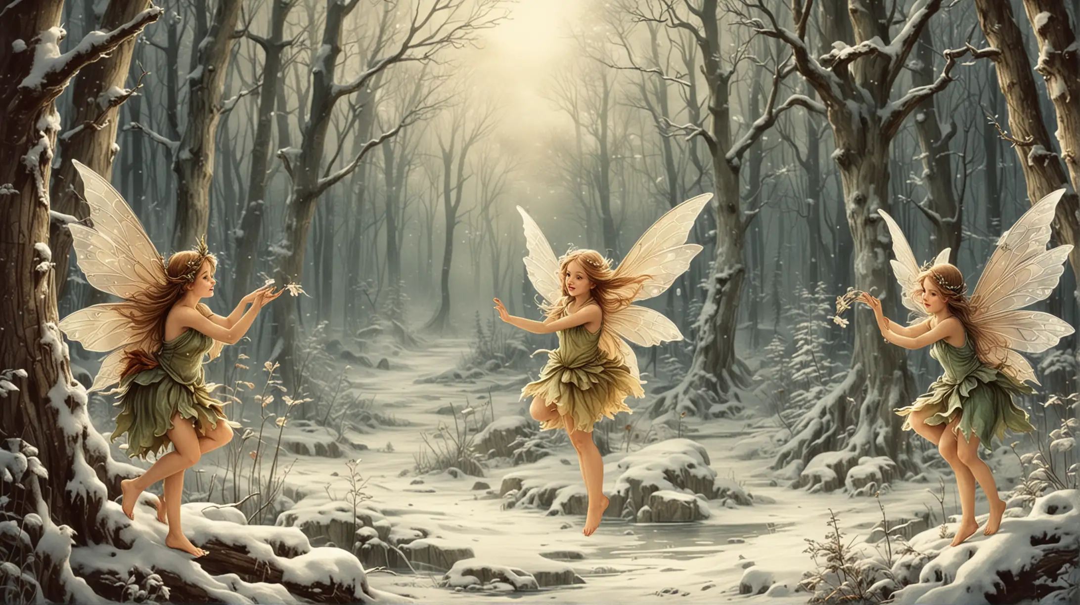 Enchanting Fairies in a Vintage Winter Forest Illustration