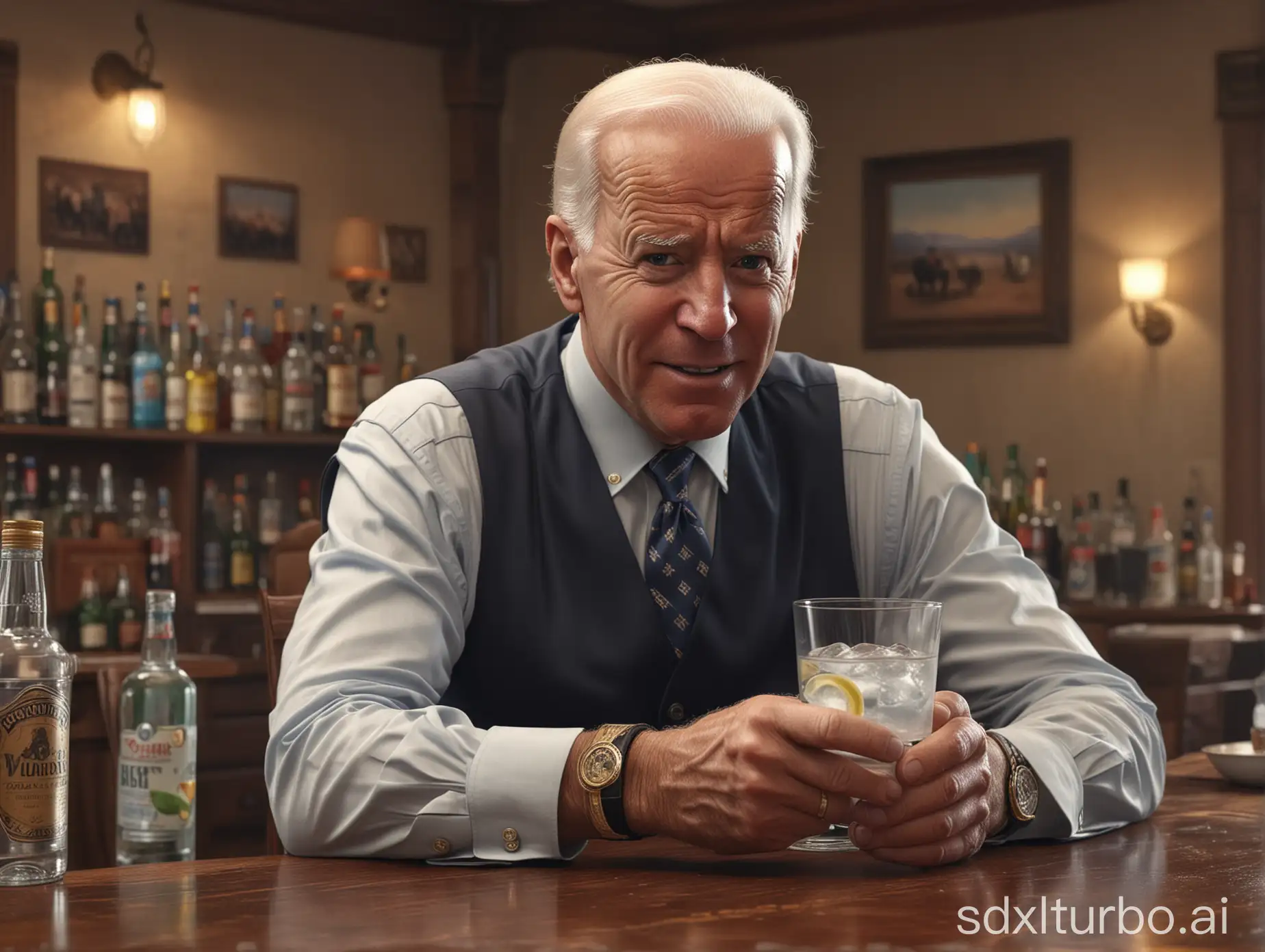 An extremely photo realistic image of Joe Biden HOLDING ONE GIN TONIC IN EACH HAND about to out drink his COMPETITION IN A WESTERN SHOOTOUT STYLE DRINK OFF under the table, Party, Western, Presidential, 8k, photorealistic, 