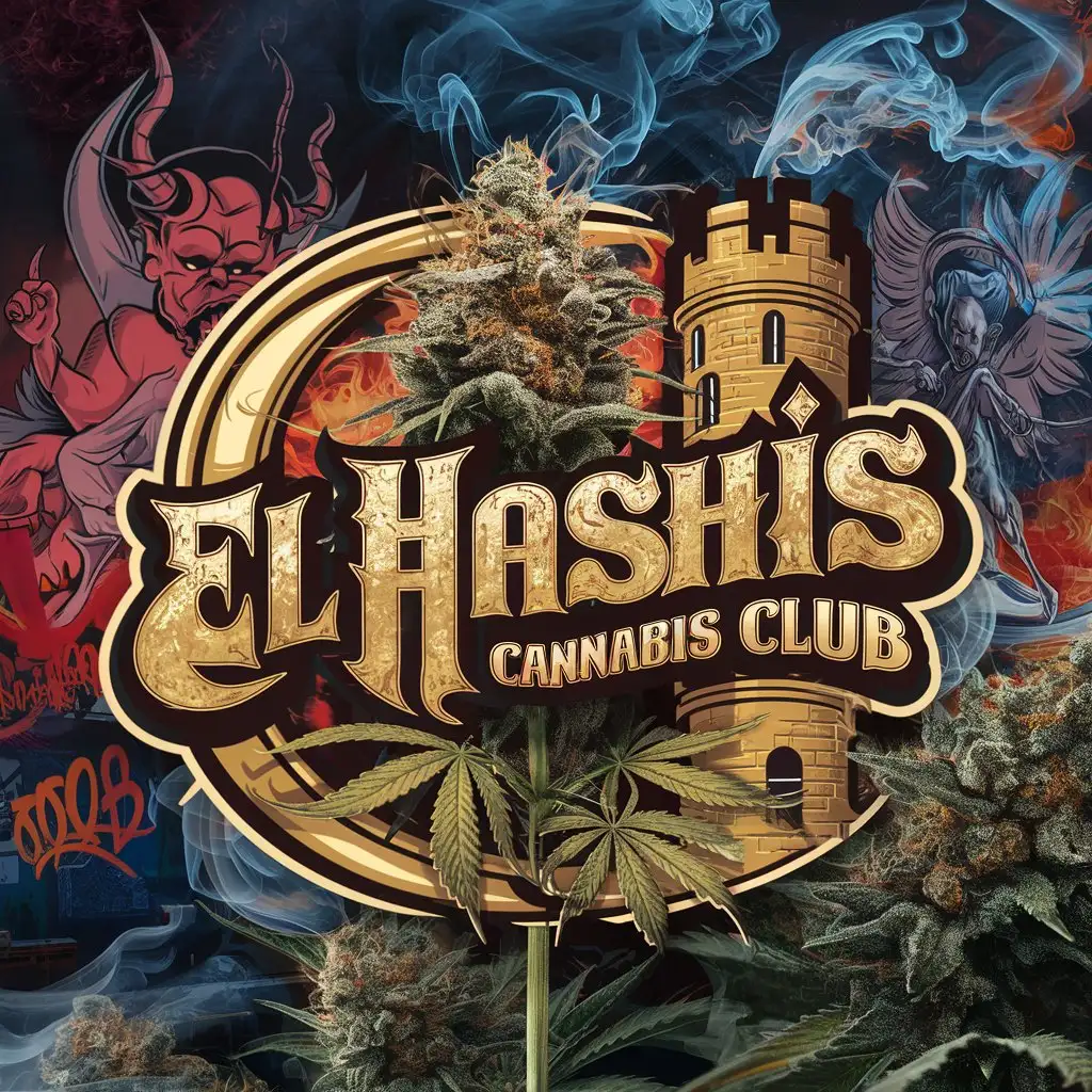 a castle tower logo design,with the text 'el Hashís Cannabis Club', main symbol old school grafitti style:A highly detailed Cannabis club with realistic big buds Cannabis fired background cartoon with demons and angels and smoke Cannabis ,complex,be used in Others industry, indoor growroom cannabis background grow in germany