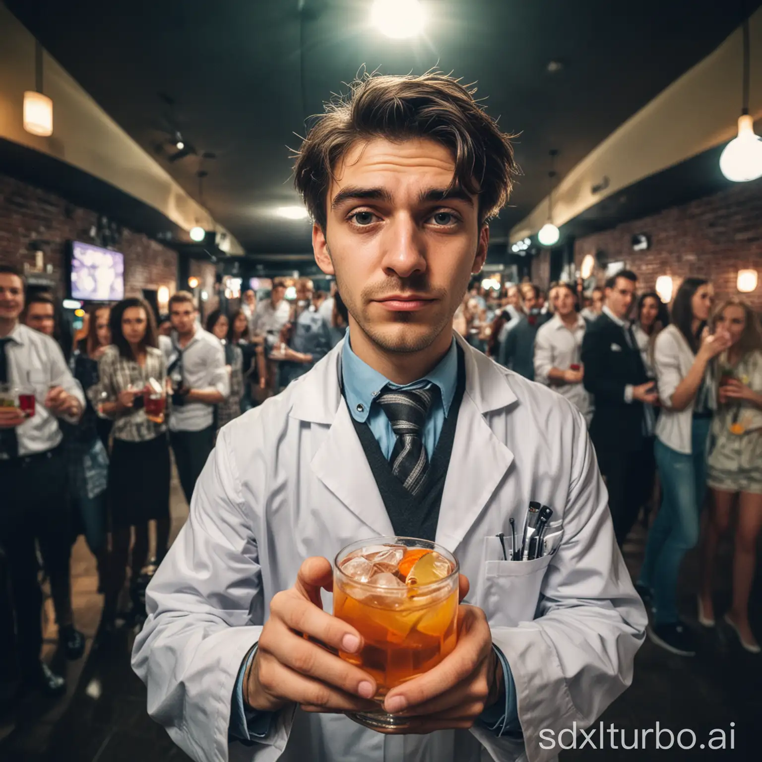 a young drunk doctor man looks straight into the camera, fisheye effect, holds a cocktail in both hands and is at a university party in a club