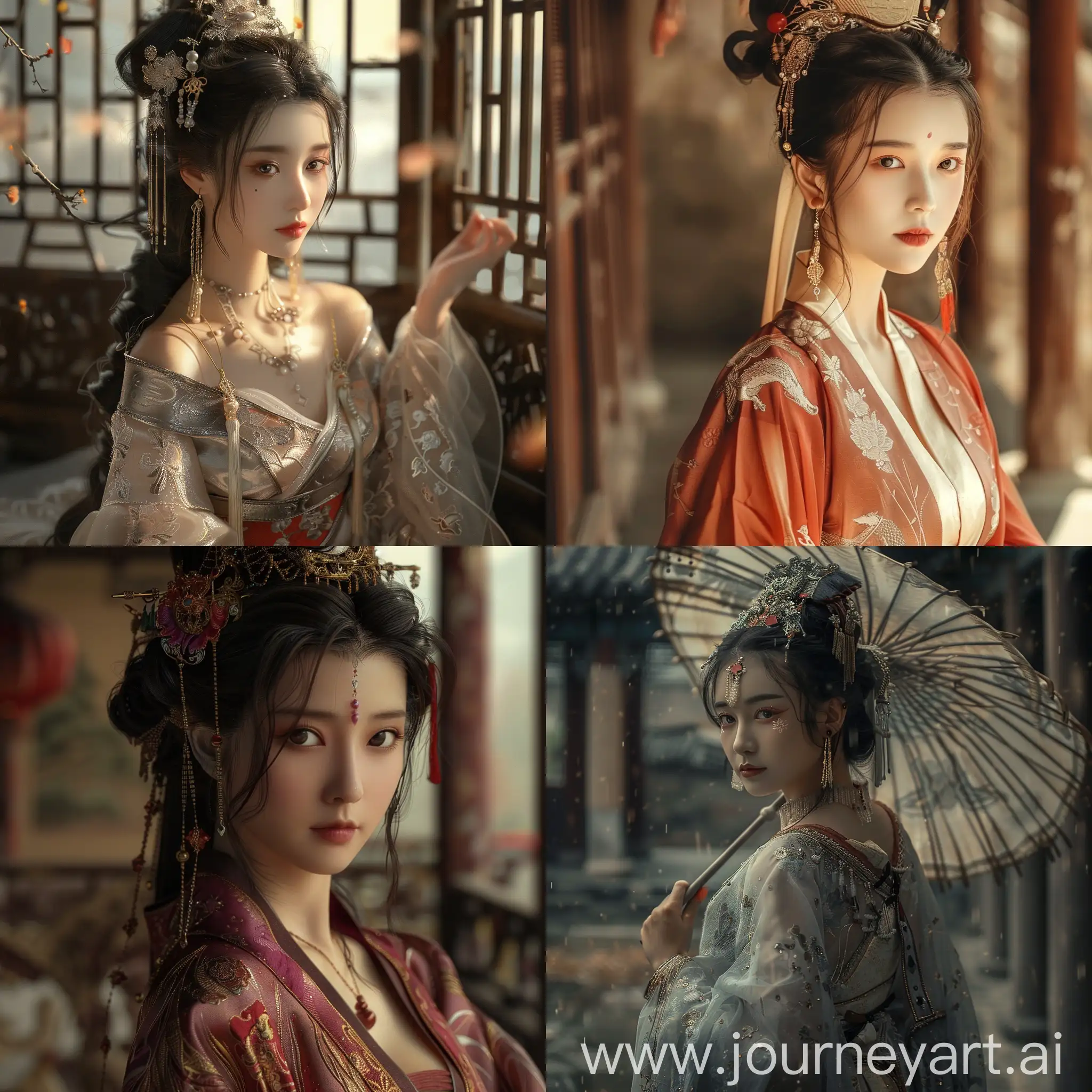 Ancient Chinese beauty, wearing luxurious Hanfu, set in an ancient courtyard, elegant posture, detailed face, and exquisite makeup
