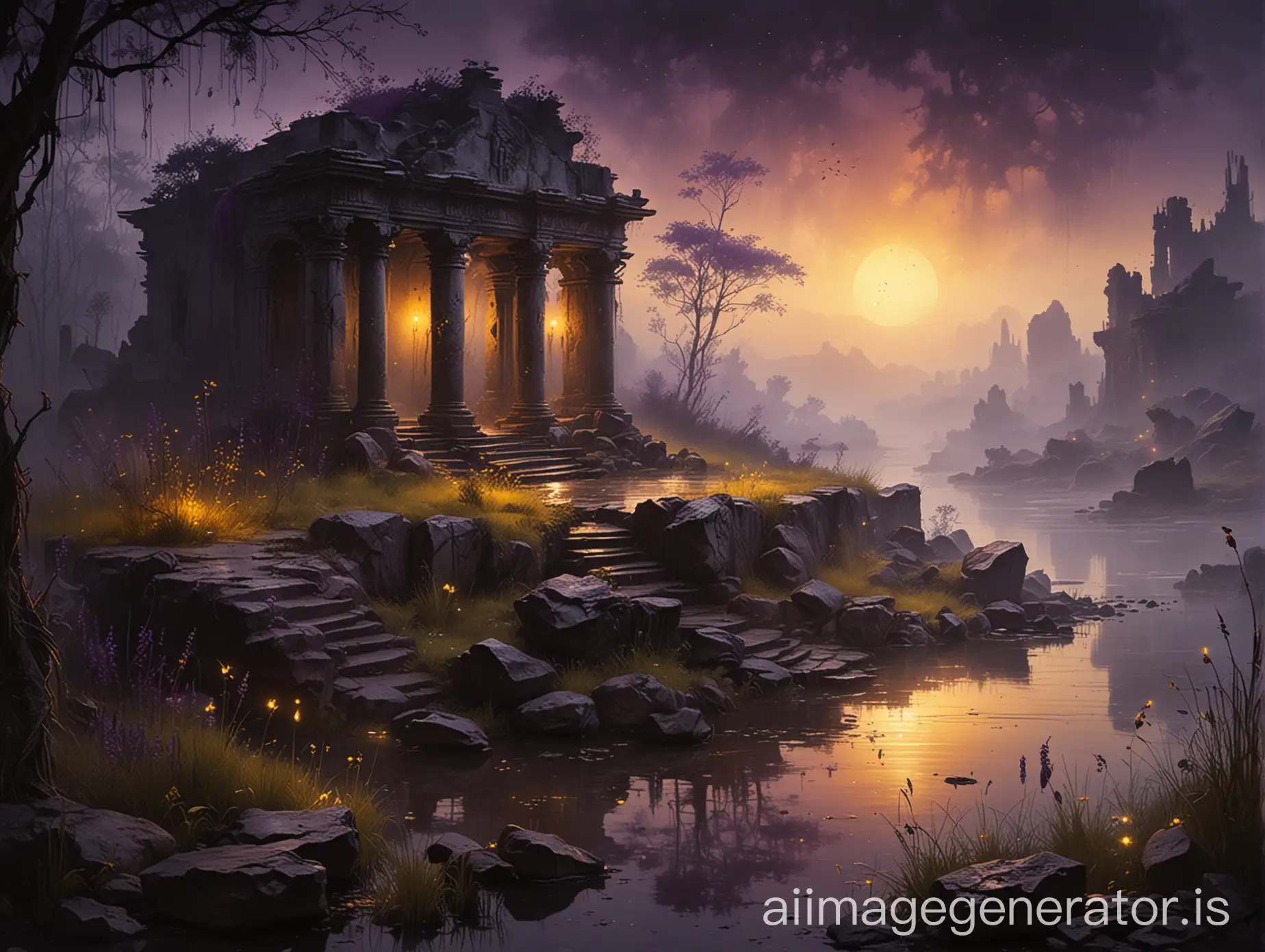 luis royo inspired dark backdrop,  foggy, rainy weather, ancient ruins, dark gloomy gardenscape, a wet rock by the pond, golden hour, sunset purple and yellow, fireflies