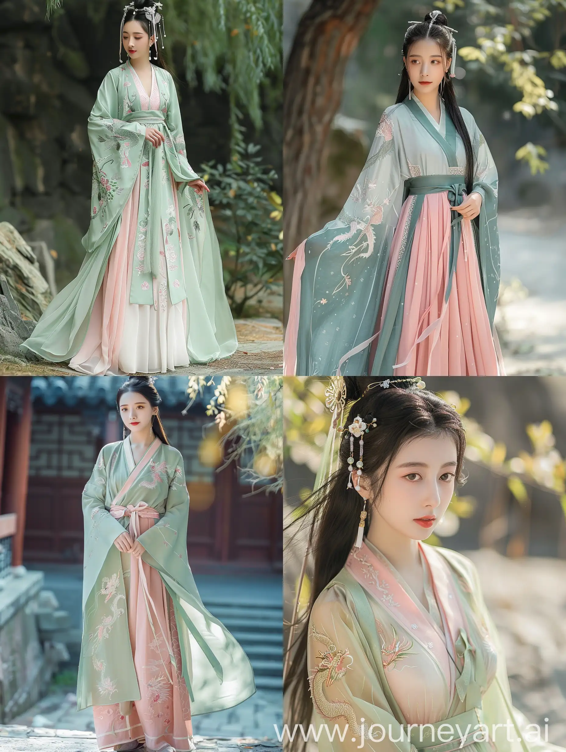 新中式女装，创意，龙元素，浅粉绿色，中华娘