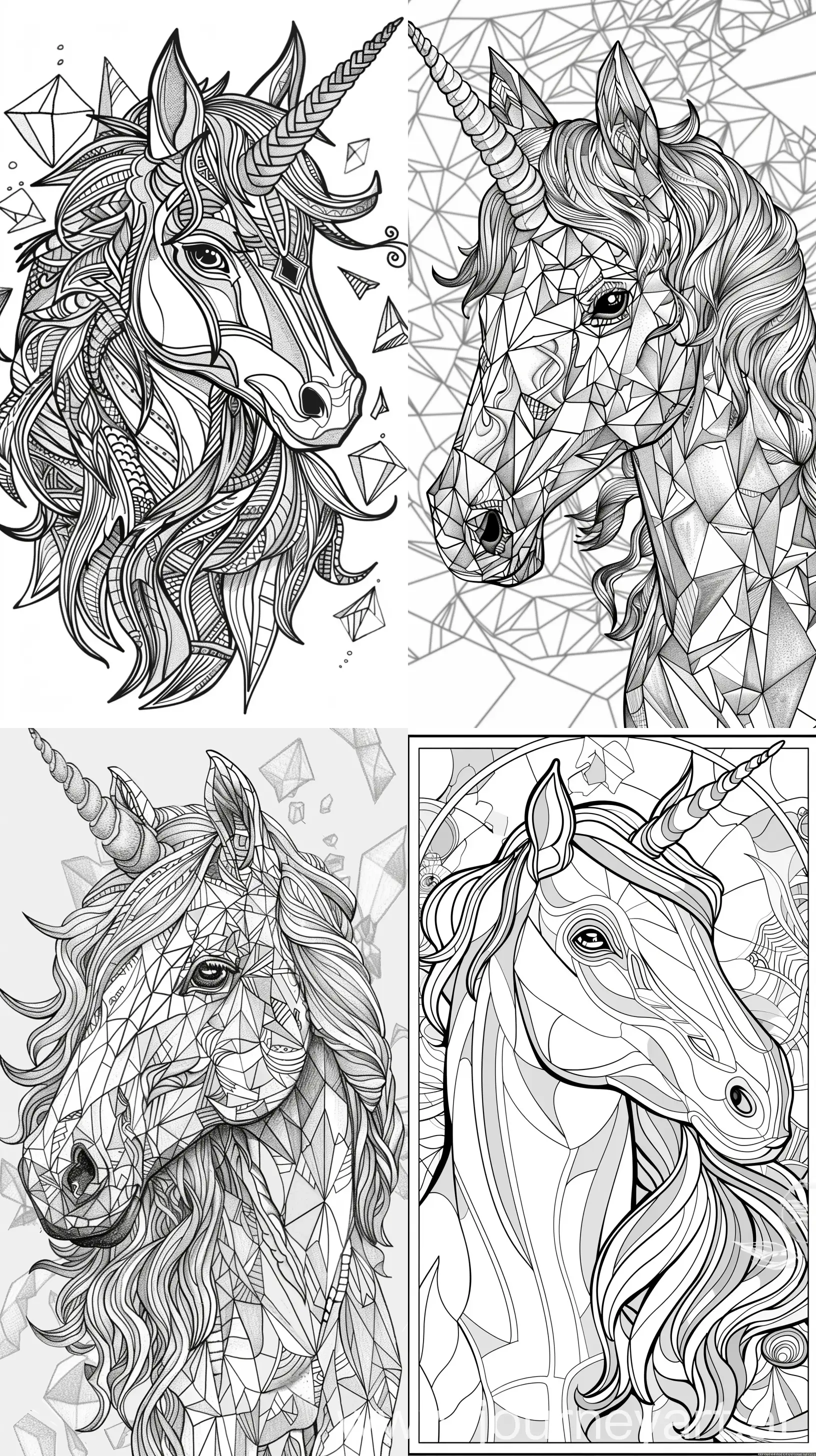 /imagine prompt:coloring pages for adults, unicorn, in the style of Children's book, 343000, Low Detail, Abstract shapes background, Black and white, No Shading, --ar 9:16