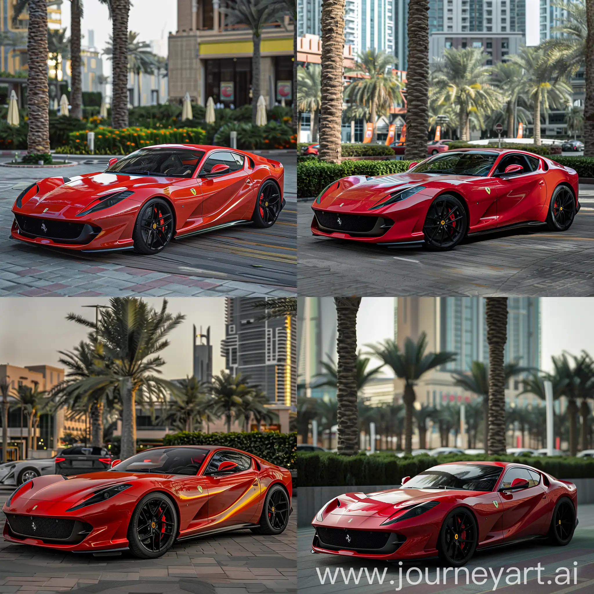 Realistic style 8k detailed ferrari 812 in red 2019 version with black rims spotted in Dubai at summer midday vibes parked in city realistic 