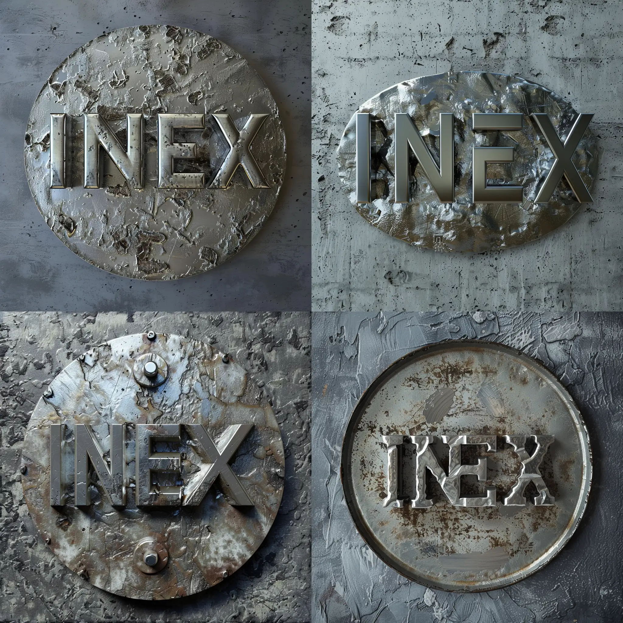 word INEX, metal volumed silver letters, on a grey plate background