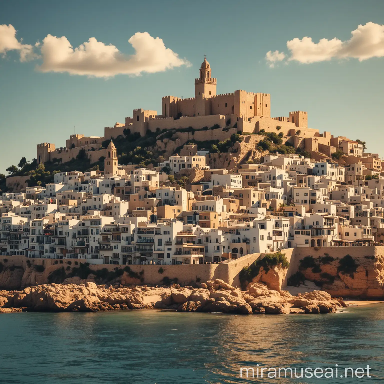 generate a pixelized image of ibiza skyline in medieval style, width – 512, height – 512