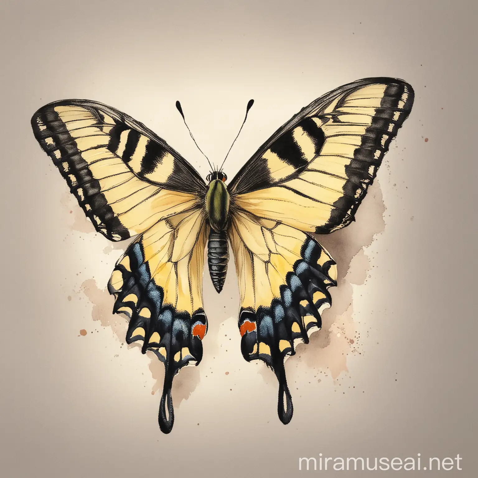 Swallowtail butterfly watercolour illustration with white background. 